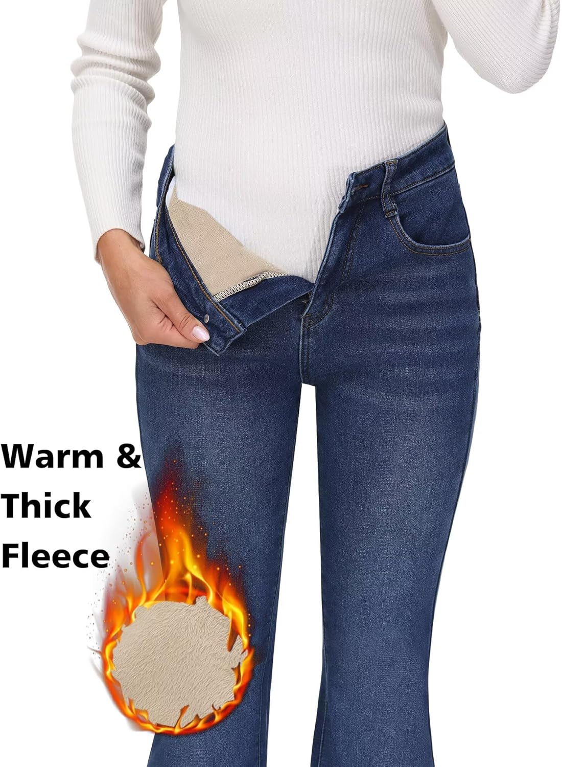 KDF Women's Flare High Waisted Bell Bottom Jeans - Thermal Fleece Lined Winter Warm Pants - Image 3