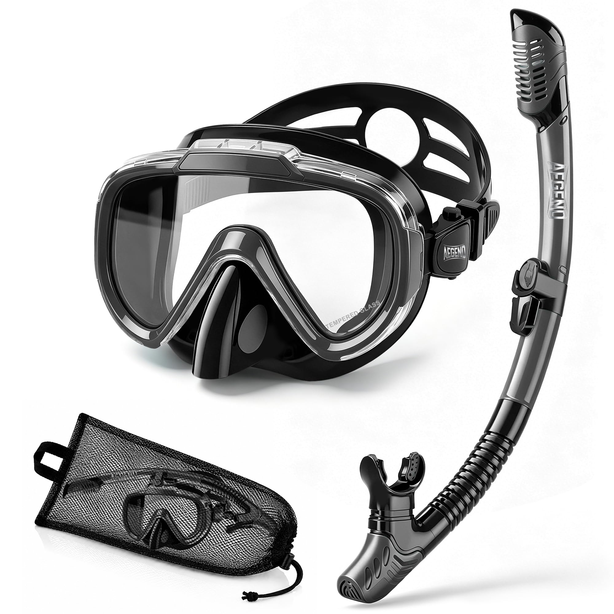 Aegend Equipo de esnórquel para adultos, jóvenes y niños, juego de esnórquel seco con cubierta ergonómica para nariz elevada para antivaho con bolsa de malla, visión HD antifugas para buceo