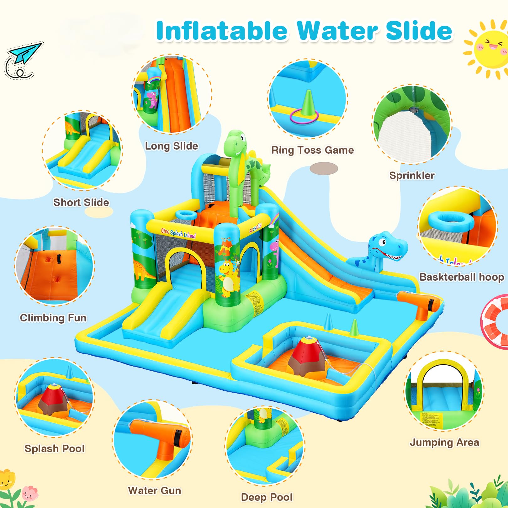 AKEYDIY Große Wasserrutsche für Kinder im Alter von 3–12 Mädchen/Jungen, Dinosaurier-Thema, aufblasbares Hüpfhaus, 550 W Gebläse, Lange und Kurze Rutschen, Planschbecken für Kinder, Sommer