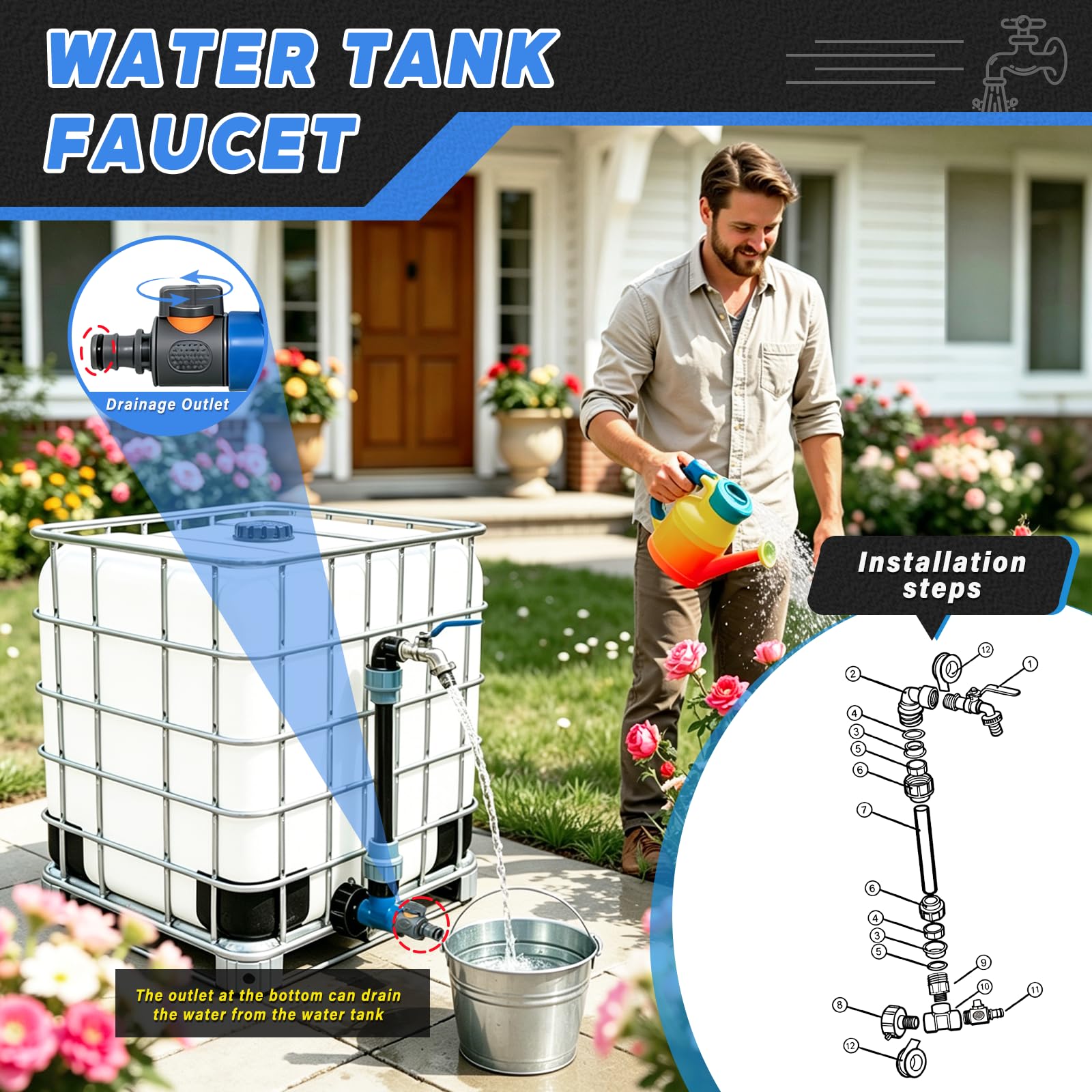 Robinet Cuve 1000l Col de Cygne: 3/4" Vanne Pour Reservoir Eau 1000 Litres Exterieur - 2 In 1 adaptateur Cuve 1000l - Robinet Recuperateur Eau De Pluie