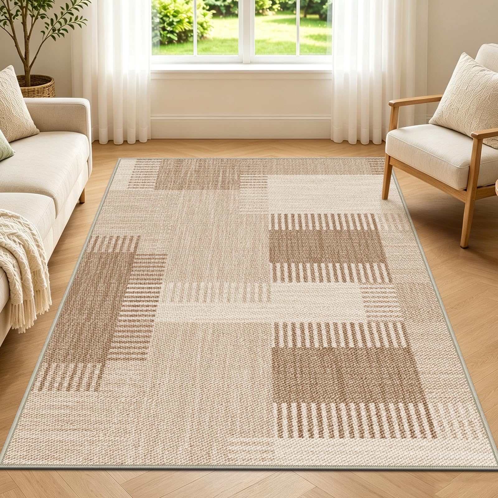 Teppich Wohnzimmer 120x180 cm Beige Moderner Waschbar | rutschfest, Weich Kurzflor Geometrie Teppiche für Schlafzimmer, Esszimmer, Eingang Korridor, Büro, Rug