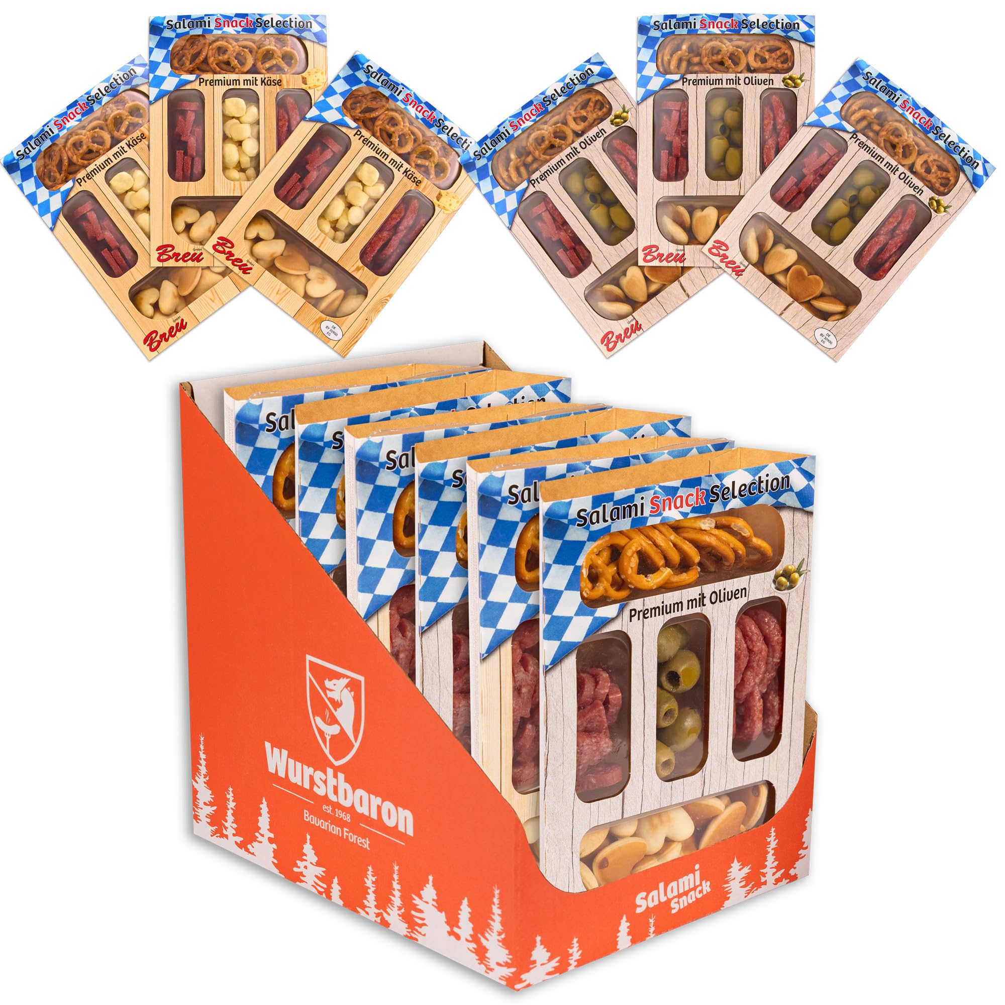 Snack Selection Premium 6er-Set Olive und Käse, Snackbox mit Salami, Salzgebäck, Gebäckherzen und Oliven und Käse, 6 x 80g Snacks