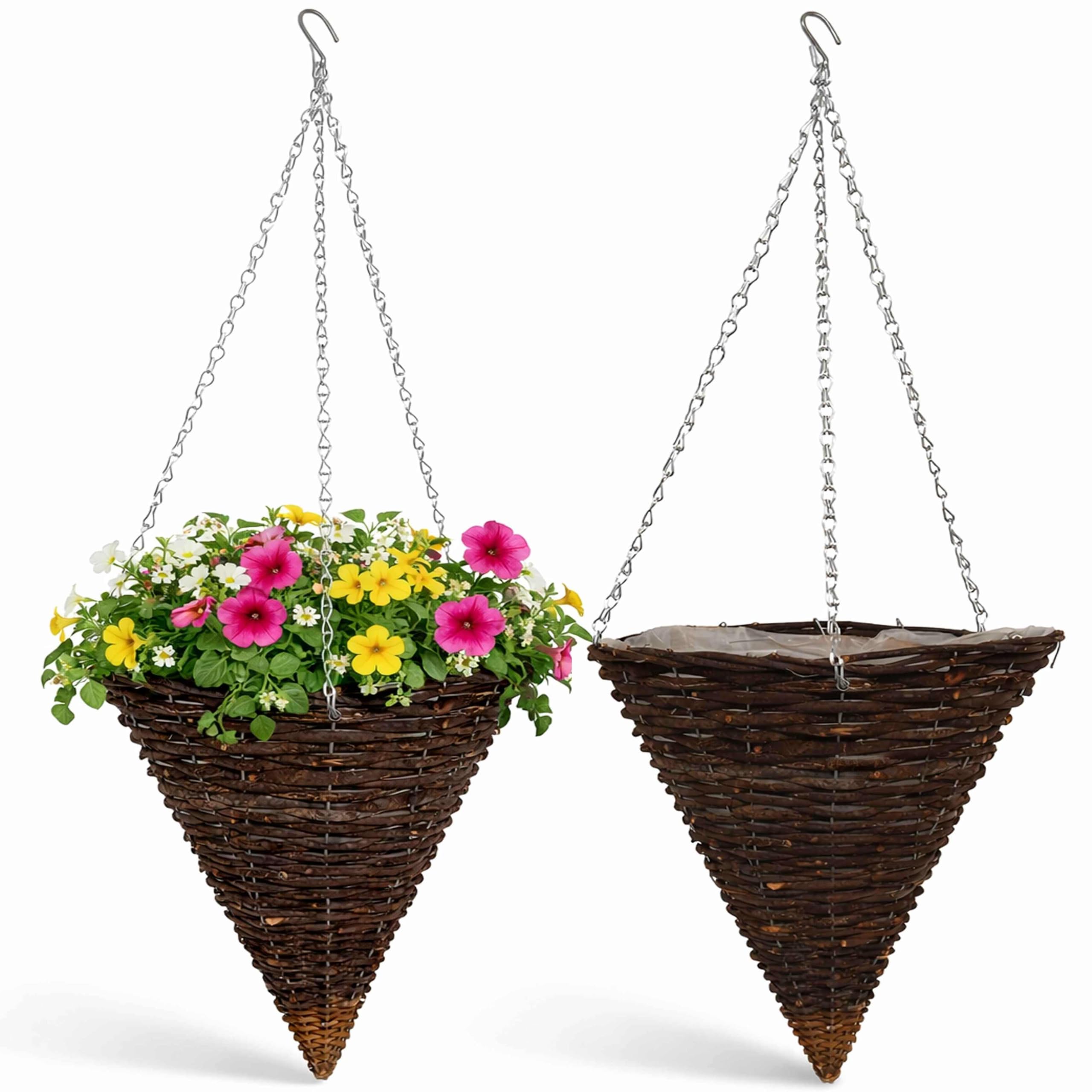 ADEPTNA Set of 2 Cone Garden Hanging Baskets 14 Inches - Natural Basket Hanging Plants Wall Flower Planter Pot with Detachable Hanging Chain for Home Garden Decoration (14" RATTAN BASKETS) โ image 1