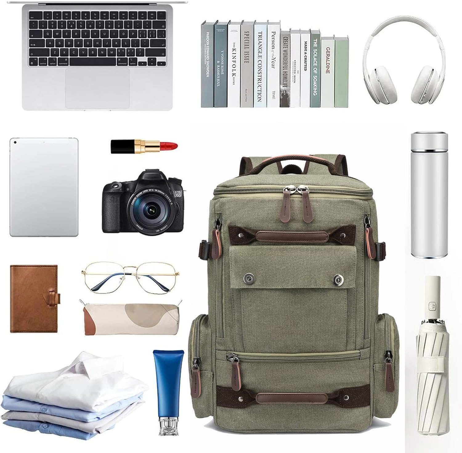 15.6 inch Canvas Laptop Backpack for Men Women, Casual Daypack for Work, Camping, Hiking, Multi Functional Vintage Travel Rucksack, Unisex Green