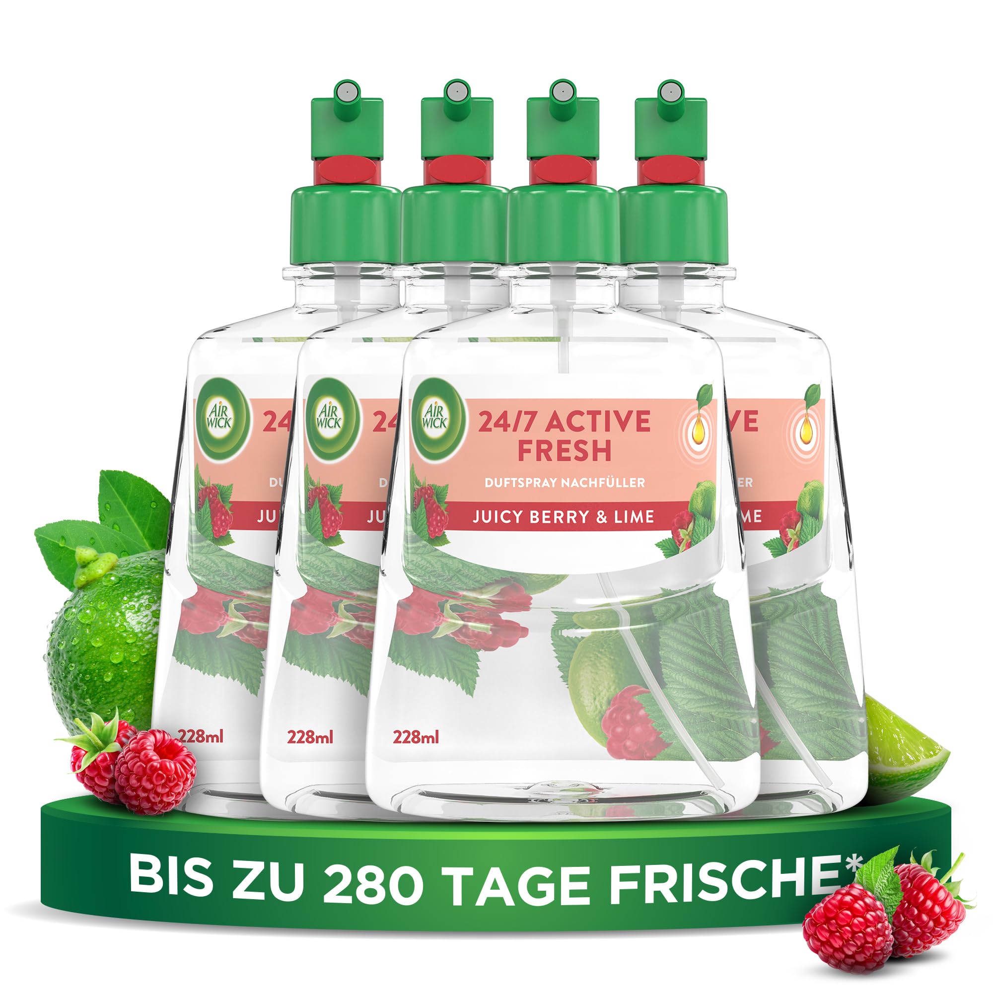 Air Wick Active Fresh – Aeorosolfreier, automatischer Lufterfrischer – Raumduft Juicy Berry & Lime – 4 x 228 ml Nachfüller