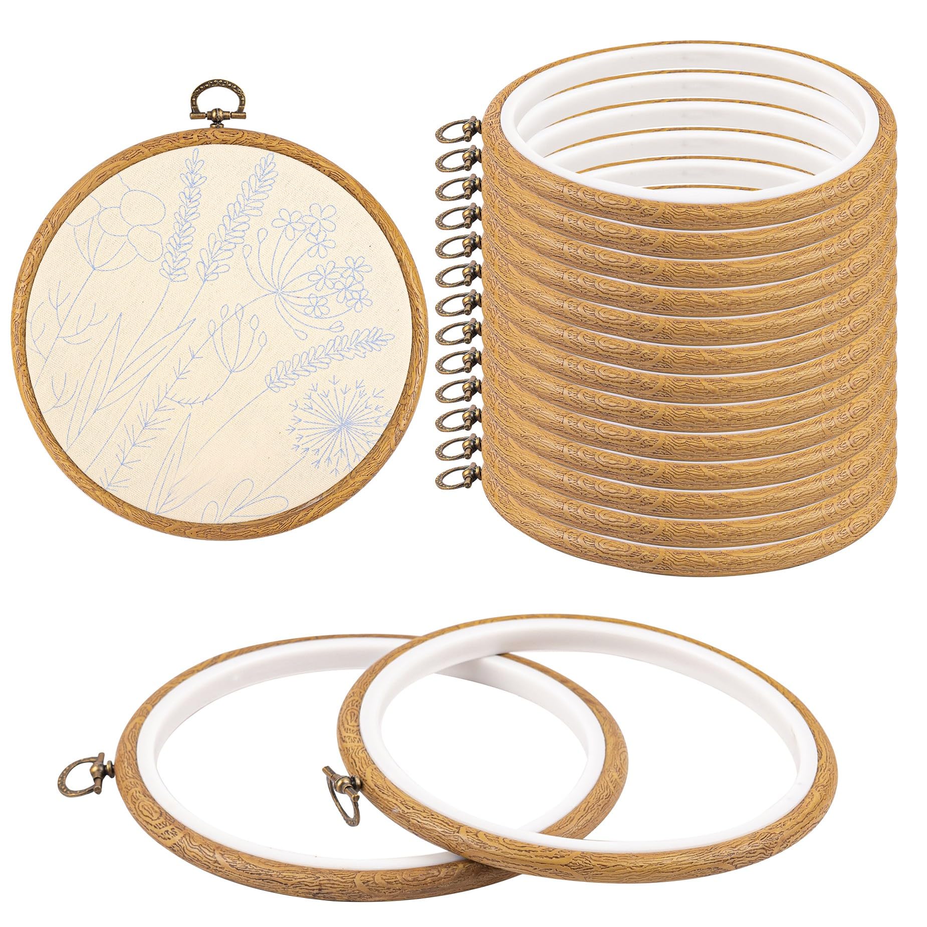 Framendino, Runde Stickrahmen, 15 Stück, 15,2 cm, Holzimitat, Rahmen, Kreis, Kreuzstich, Ring zum Aufhängen von Ornamenten