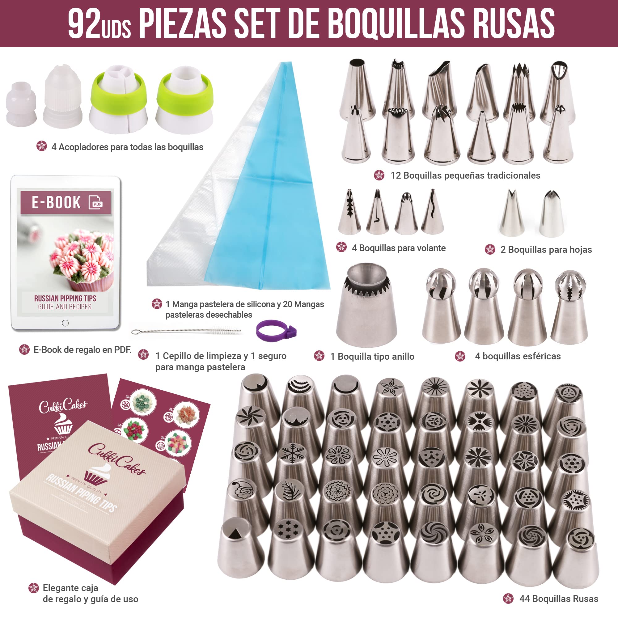 Boquillas Rusas de Repostería - Set Decoración de Cupcakes y Tartas (92pcs): 65 Boquillas + 20 Mangas Pasteleras Desechables + Bolsa Silicona Reutilizable + 4 Adaptadores + Accesorios