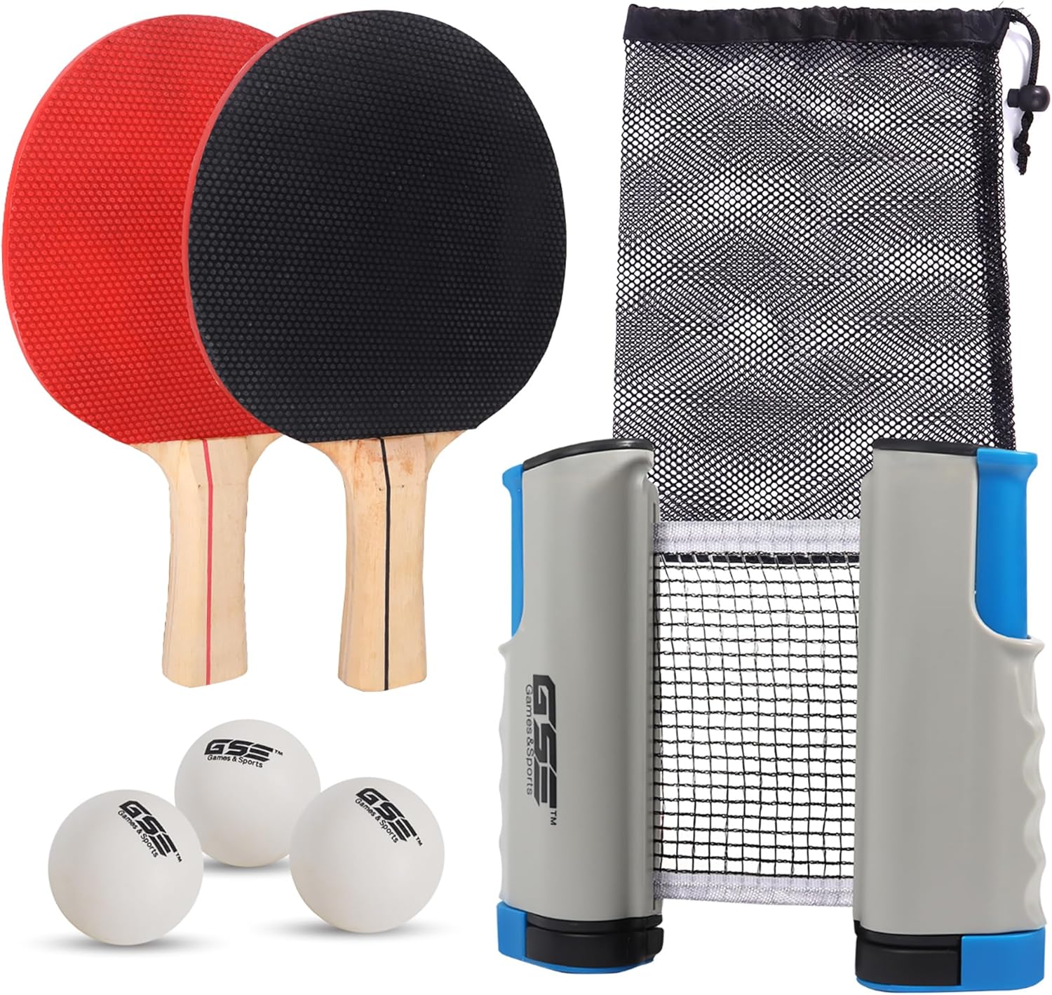 GSE Adjustable Retractable Ping Pong Net Set with Professional Table Tennis Paddles, Balls & Storage Bag - Portable Tabletop Game