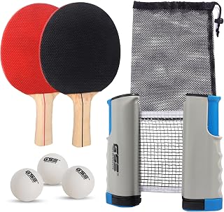 GSE Adjustable Retractable Ping Pong Net Set with Professional Table Tennis Paddles, Balls & Storage Bag - Portable Tabletop Game