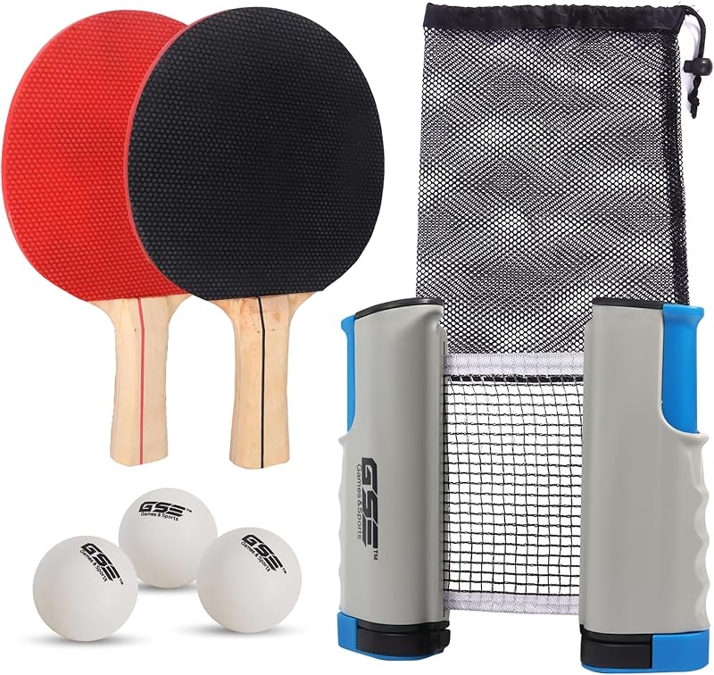 GSE Pro Adjustable Retractable Ping Pong Net & Post, Table Tennis Set | Table Tennis Rackets and Balls, PE Net, Pingpong Paddle and Game Table Accessories, for Any Tables