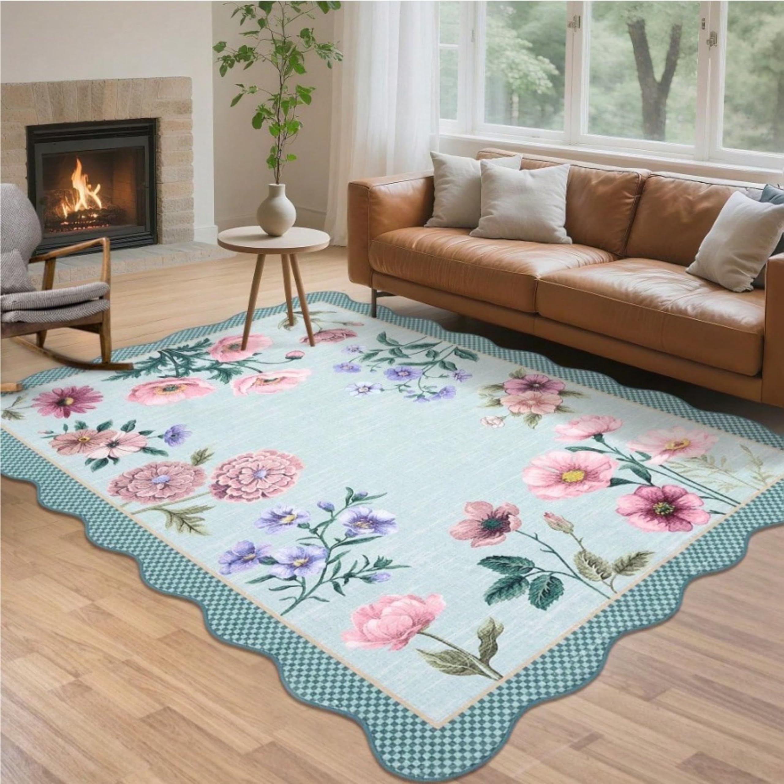 SOJAWA Floral Rug for Girls Bedroom, 200x260cm,Boho Blue Area Rugs,Washable Machine Rug Soft Short Pile for Bedroom Kitchen Stain Resistant, Home Decor Office Carpet
