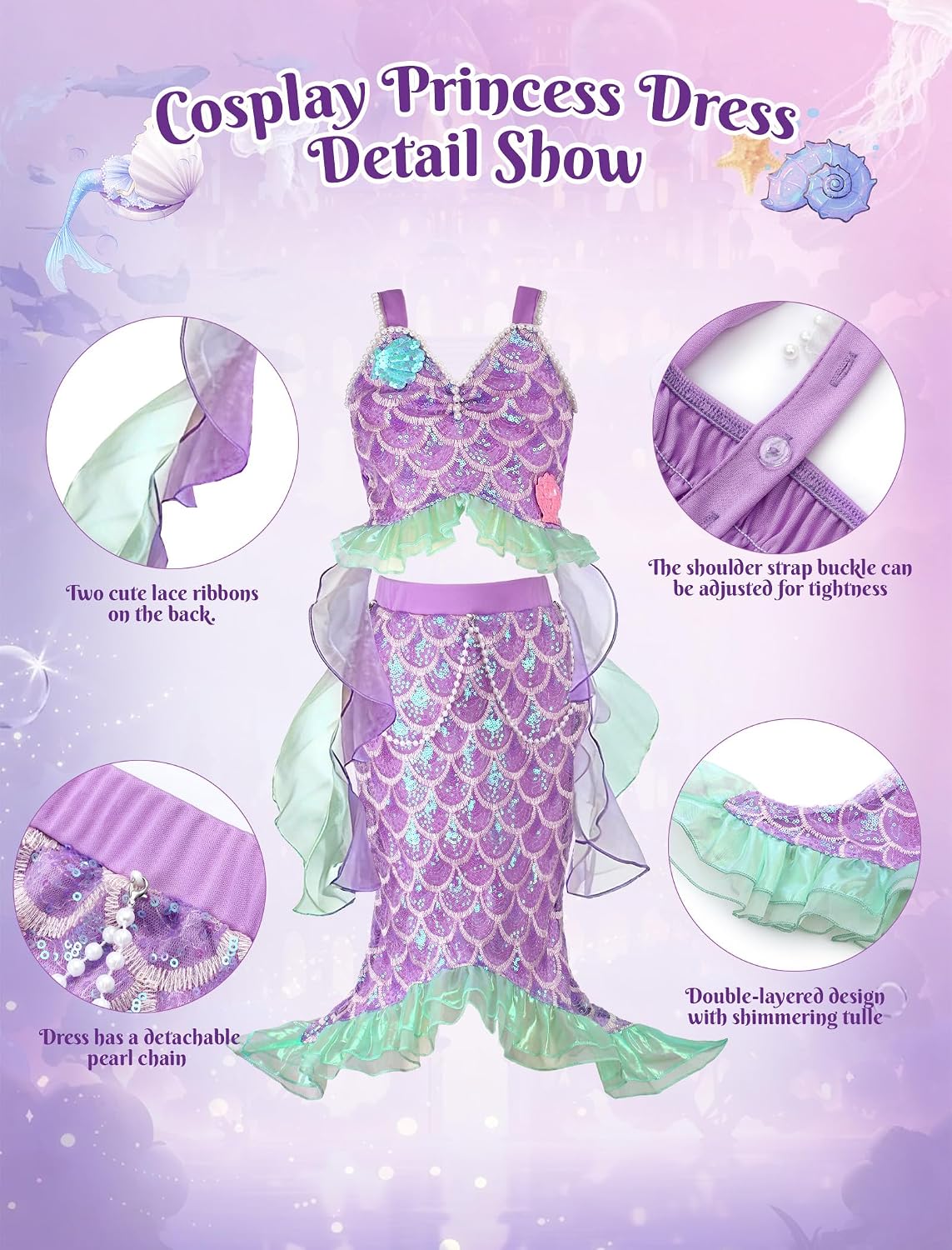 G.C Mermaid Costume for Girls,Little Mermaid Dress with Red Wig,Princess Dress Up Halloween Birthday Gift for Kids 3-7