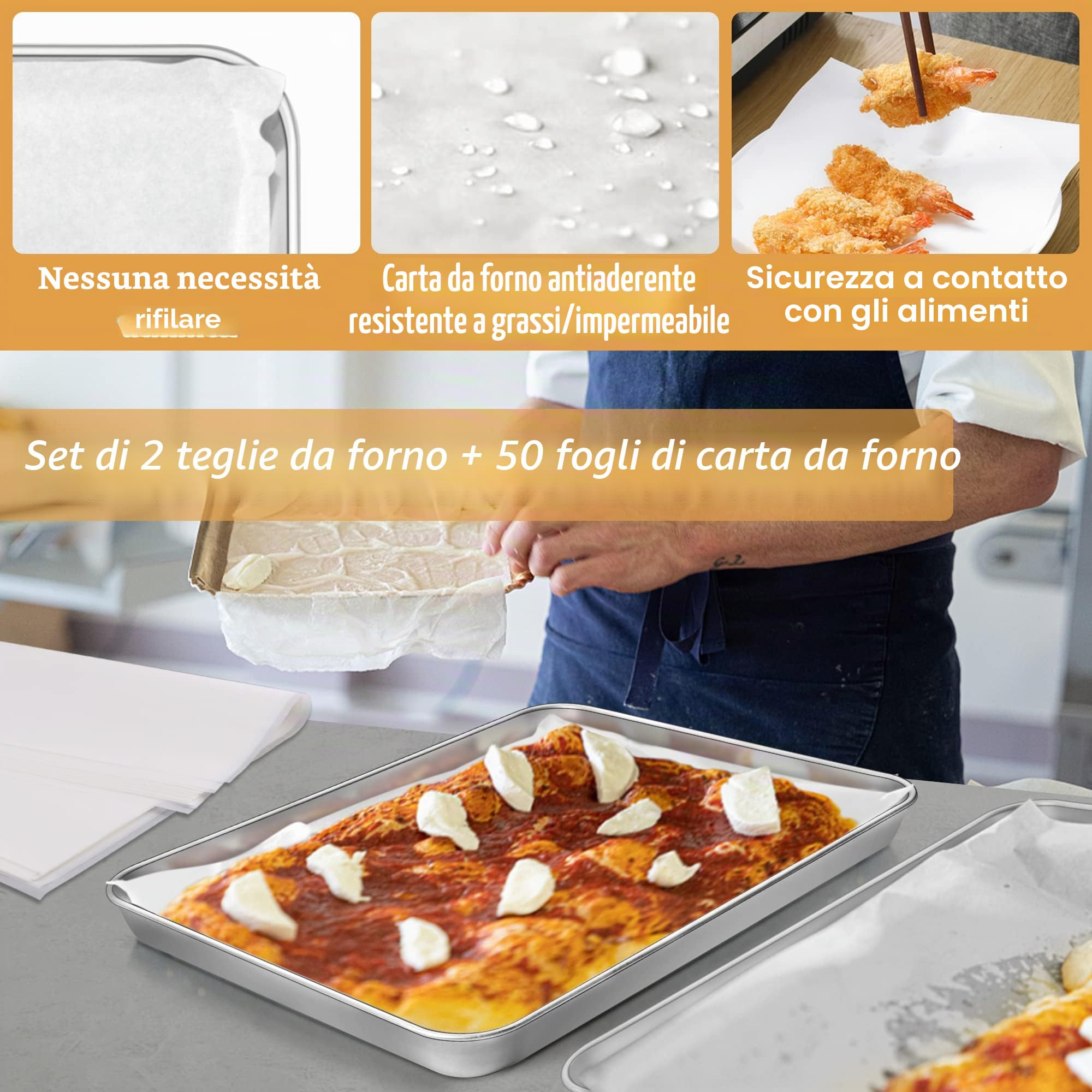 HaWare - Teglia da forno, set da 2 pezzi con 50 fogli di carta da forno, in acciaio inox, 40 x 30 x 2,5 cm, rettangolare, per cuocere e cucinare, atossico e sano, lavabile in lavastoviglie