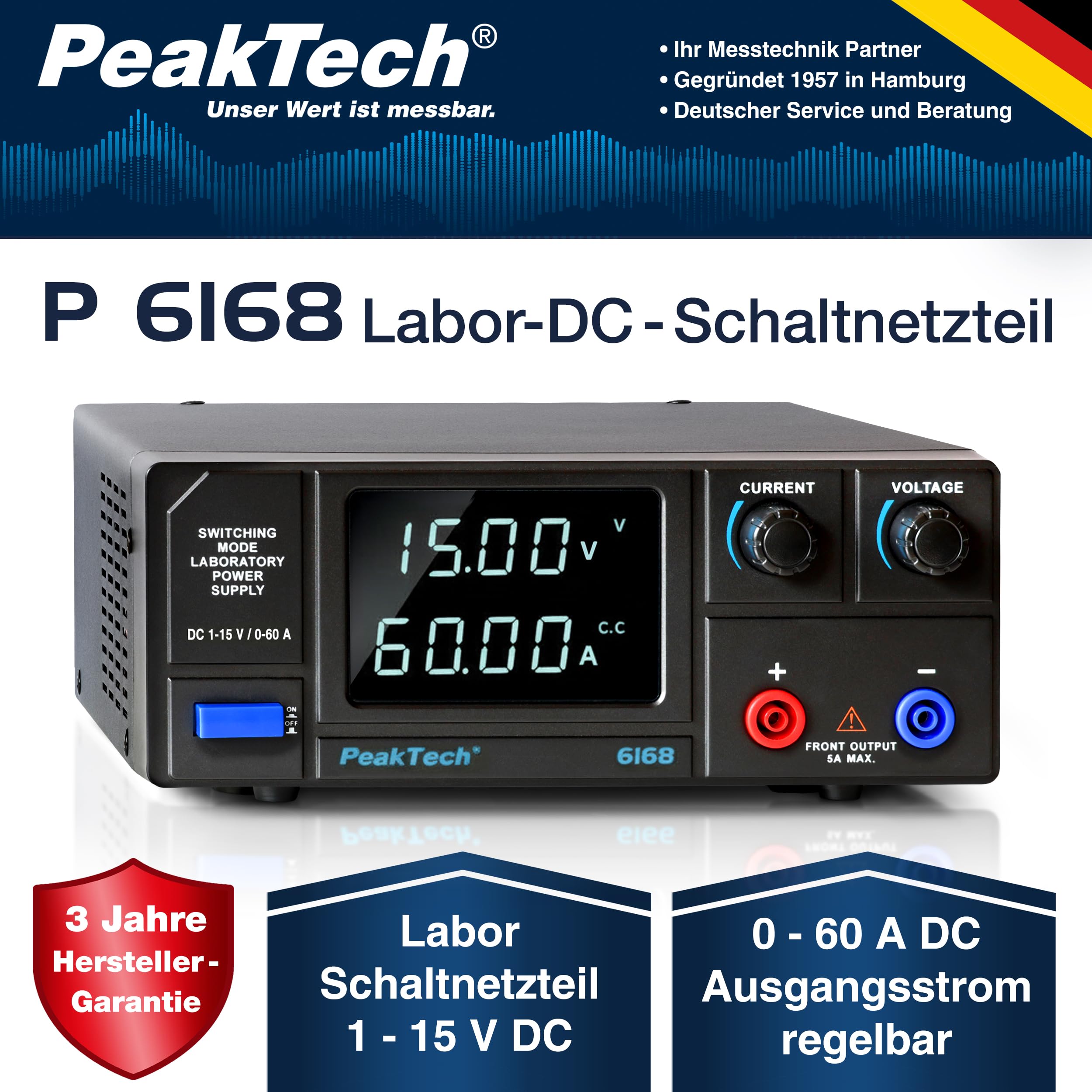 PeakTech 6168 – zasilacz laboratoryjny DC 1-15 V/0-60 A @ 900 W wyświetlacz segmentu LED, zasilacz High Power z regulowanym napięciem wyjściowym, zasilacz laboratoryjny