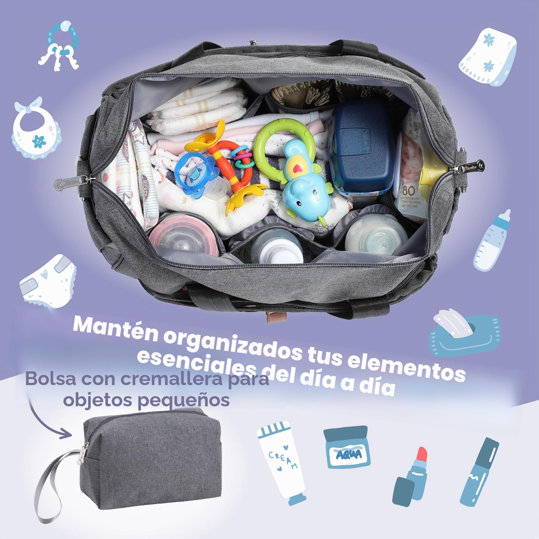 RUVALINO Bolso Cambiador de gran tamaño estilo Bolso con Bandolera para Bebé niño y niña Bolsillos isotérmicos Cambiador Correas de Cochecito Bolsa de Maternidad Mamá y Papá Convertible Gris