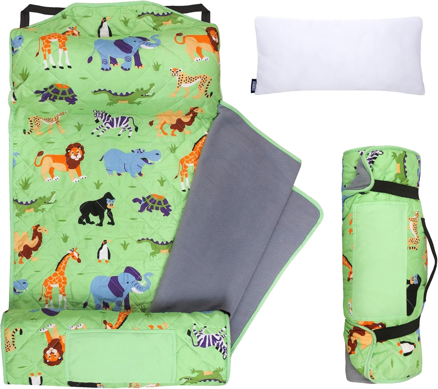 Wildkin Quilted Kids Nap Mat – Soft Microfiber with Pillow & Elastic Straps for School & Travel Wild Animals 49.5 x 20"