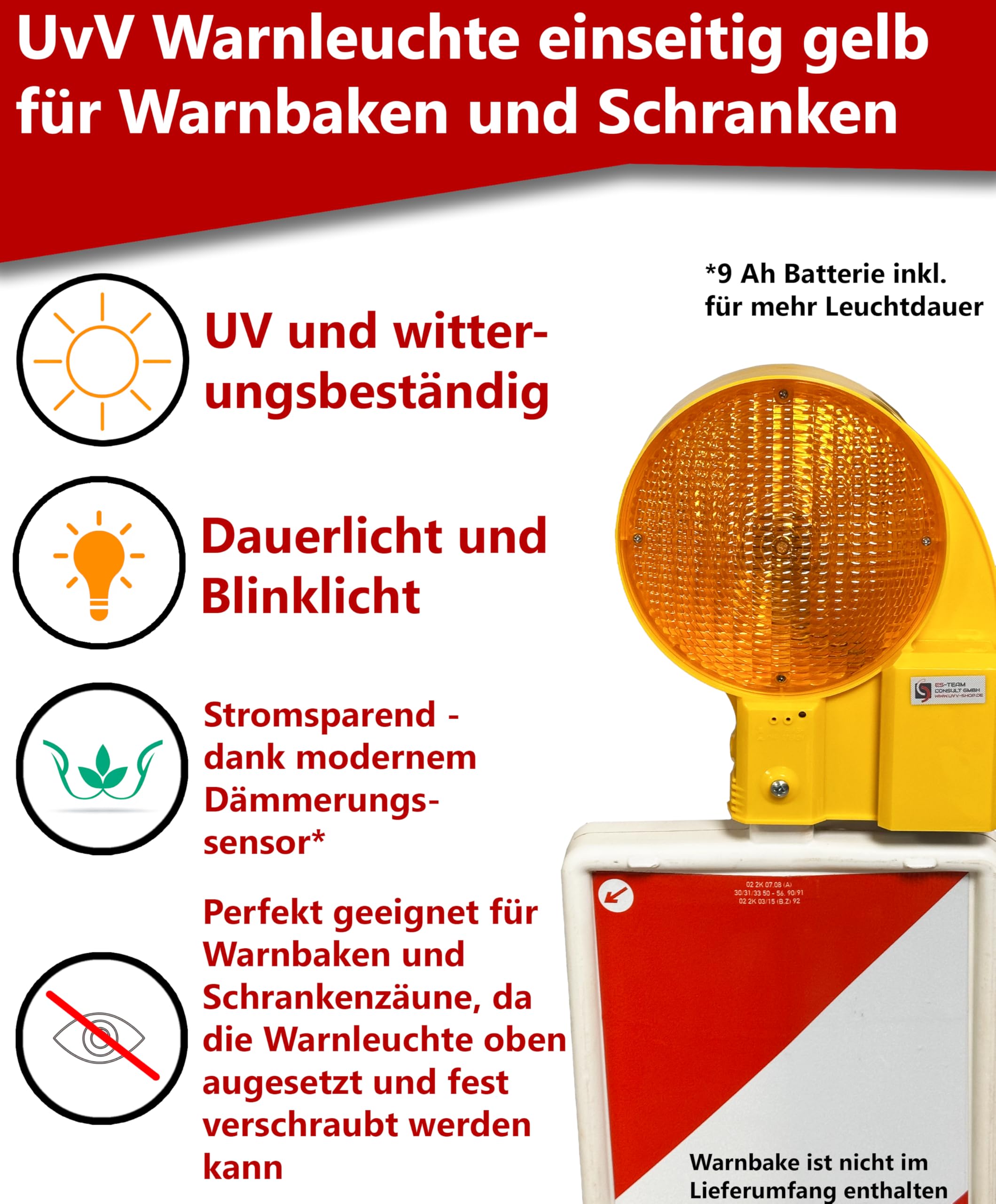 UvV Baustellen Warnleuchte Gelb - LED Bakenleuchte 200mm Mit Dämmerungssensor