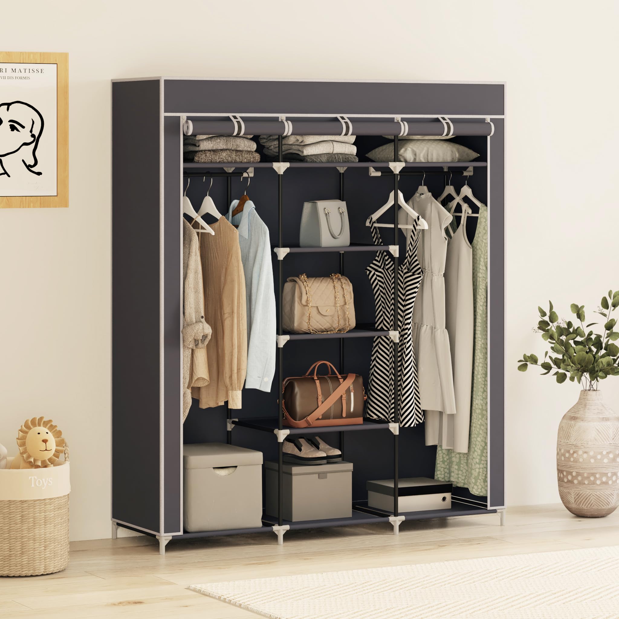 Mondeer Kleiderschrank, Stoffschrank für Schlafzimmer, Stoffschrank, Roßes Stauraum, Stabiler Schrank, für Schlafzimmer, Ankleidezimmer, 150x45x175cm, Grau