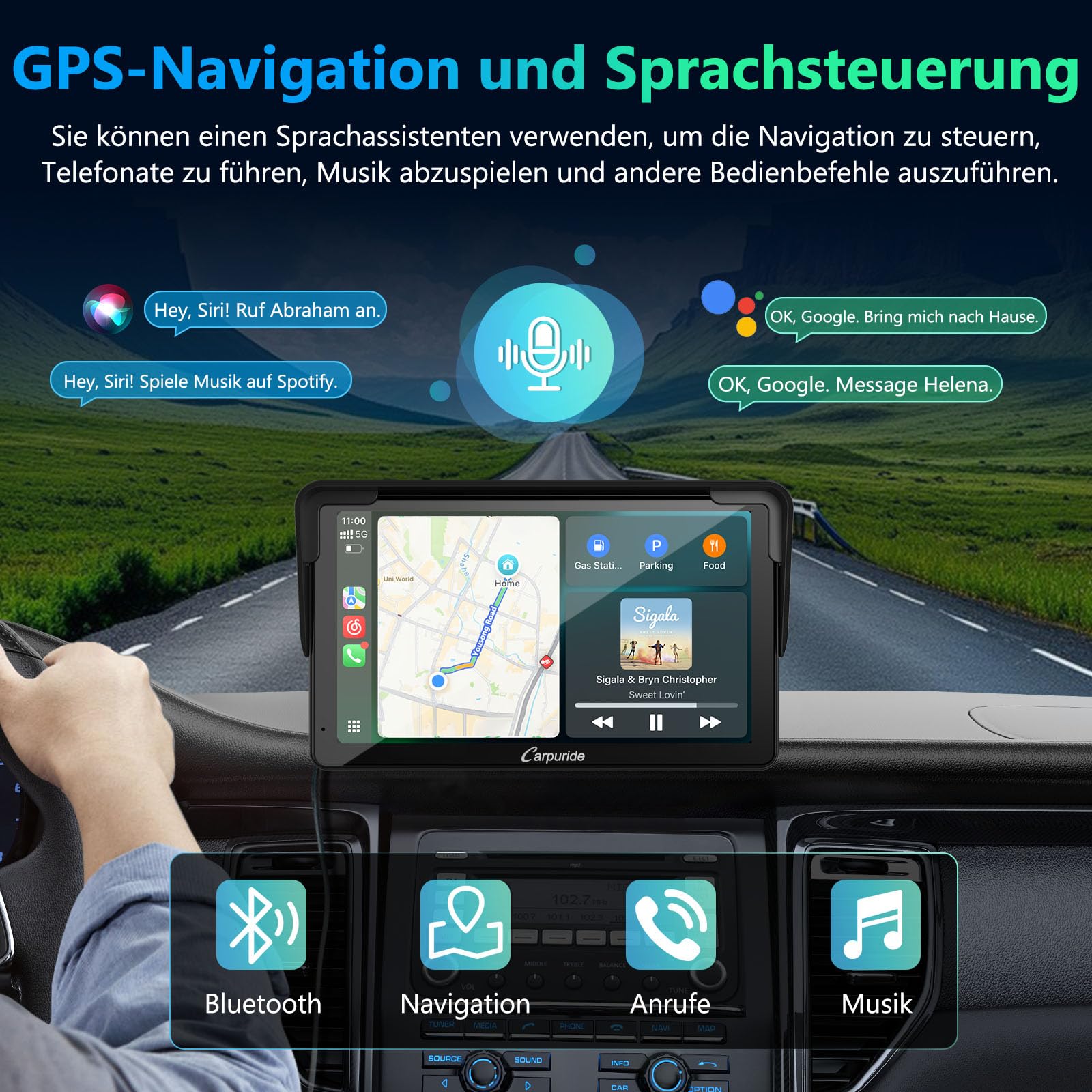 Tragbarer Carplay Bildschirm, Carpuride V3R Kabelloses Airplay&Android Auto, 7 Zoll 1080P HD-Touchscreen mit echter 720P-Rückfahrkamera/BT 5.0/Mirror Link/USB-Wiedergabe/Rauschunterdrückungs-Chip AUX