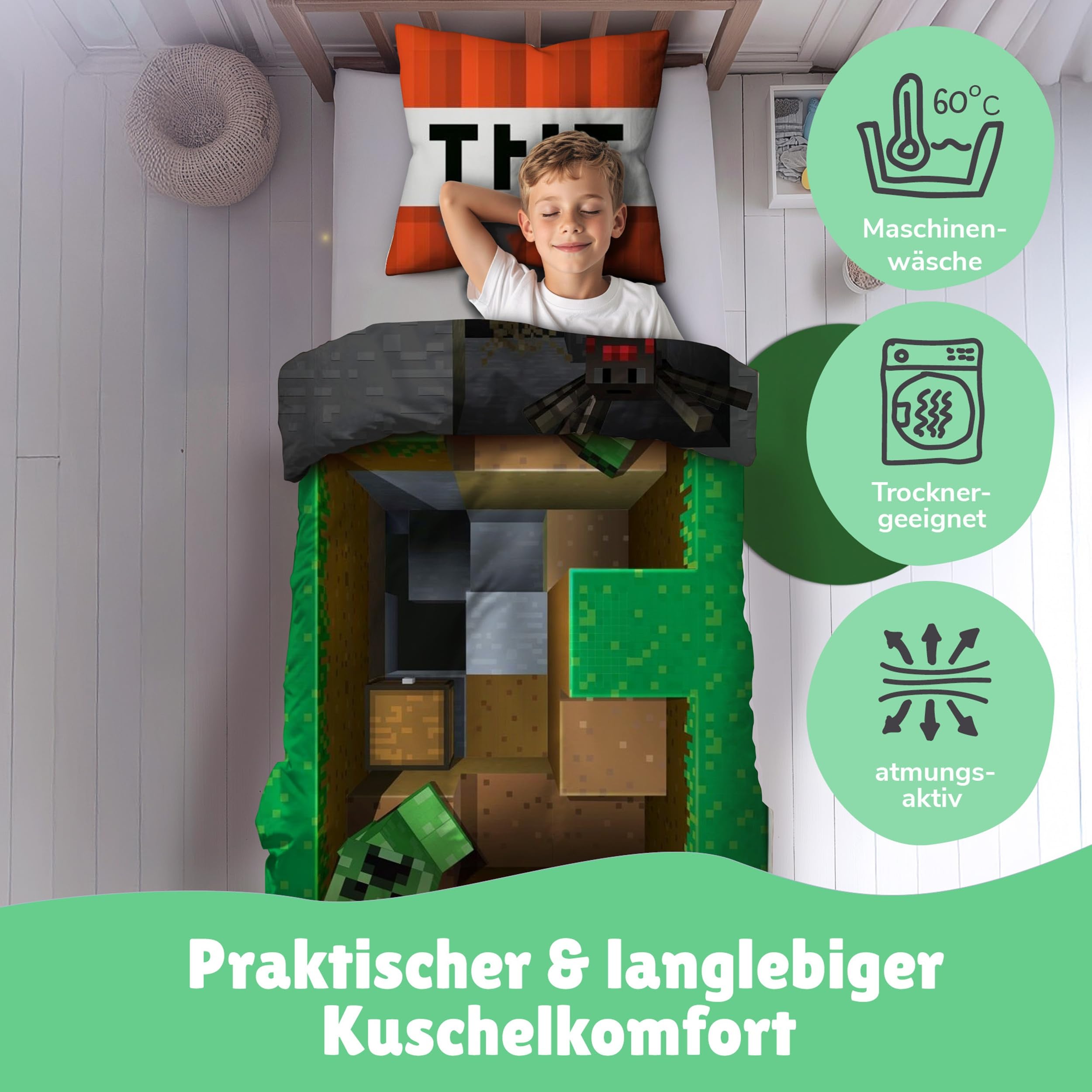 Minecraft Bettwäsche 135x200 Set mit Kissenbezug 80x80 cm für Jungen - Weiche und atmungsaktive Kinderbettwäsche aus 100% Baumwolle - Öko-Tex Zertifiziert - Reißverschluss mit Creeper Blöcken