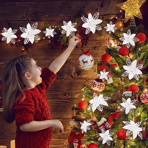 Miniatura 8 de 24 piezas de flores artificiales de Navidad con purpurina para decoración de boda, árbol de Navidad, Año Nuevo (blanco)