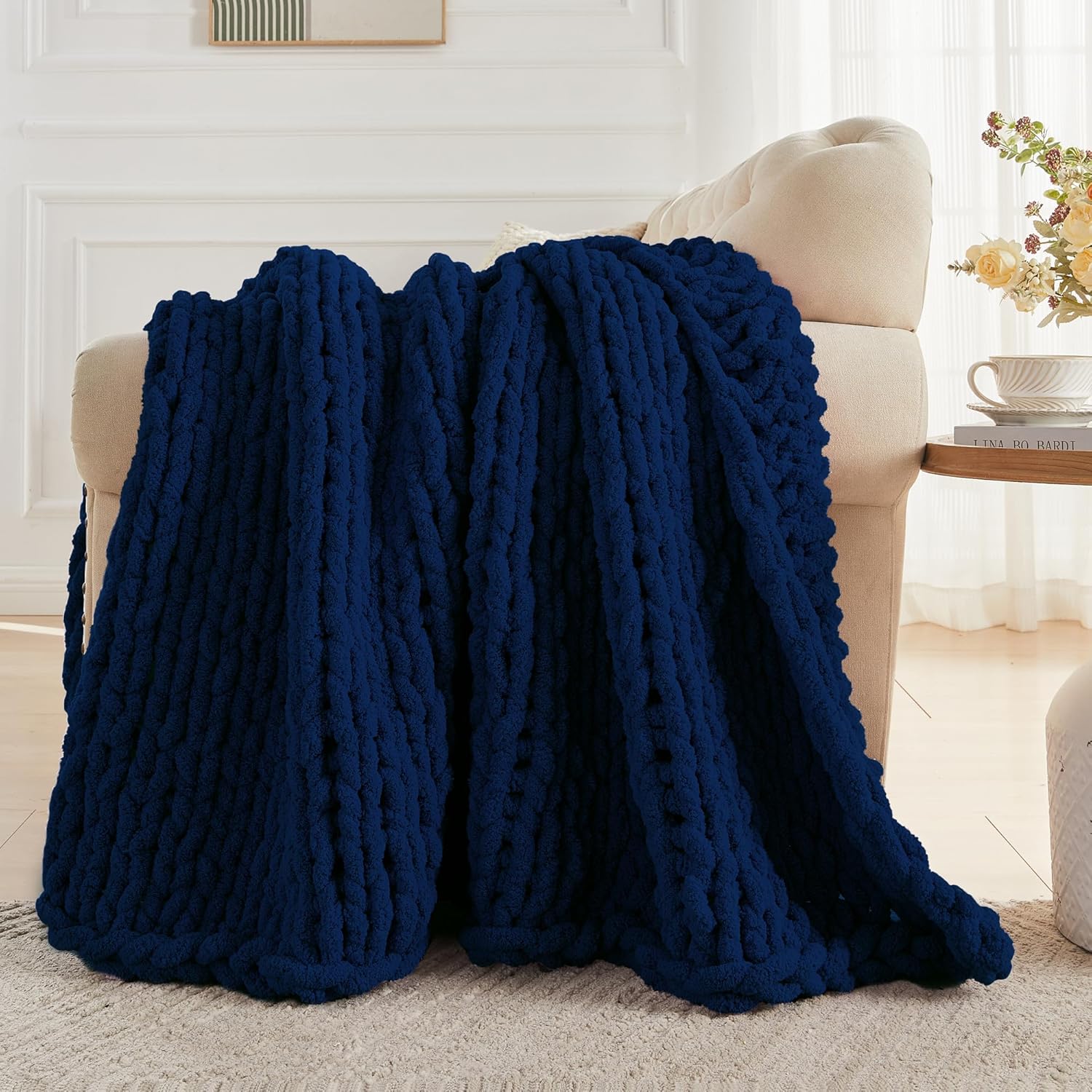 Carriediosa Chunky Knit Throw Blanket 50" X 60", 100% Hand Made Large Chenille Loop Yarn Soft Fluffy Throws for Couch Sofa Bed, Big Crochet Cozy Heavy Thick Cable Woven Blankets, Navy Blue - Image 5