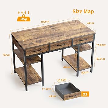 CubiCubi Computer Desk with 3 Drawers and Storage Shelves, 120cm Office Desk, Industrial Style Gaming Desk for Study, Bedroom, Living Room, Rustic Brown