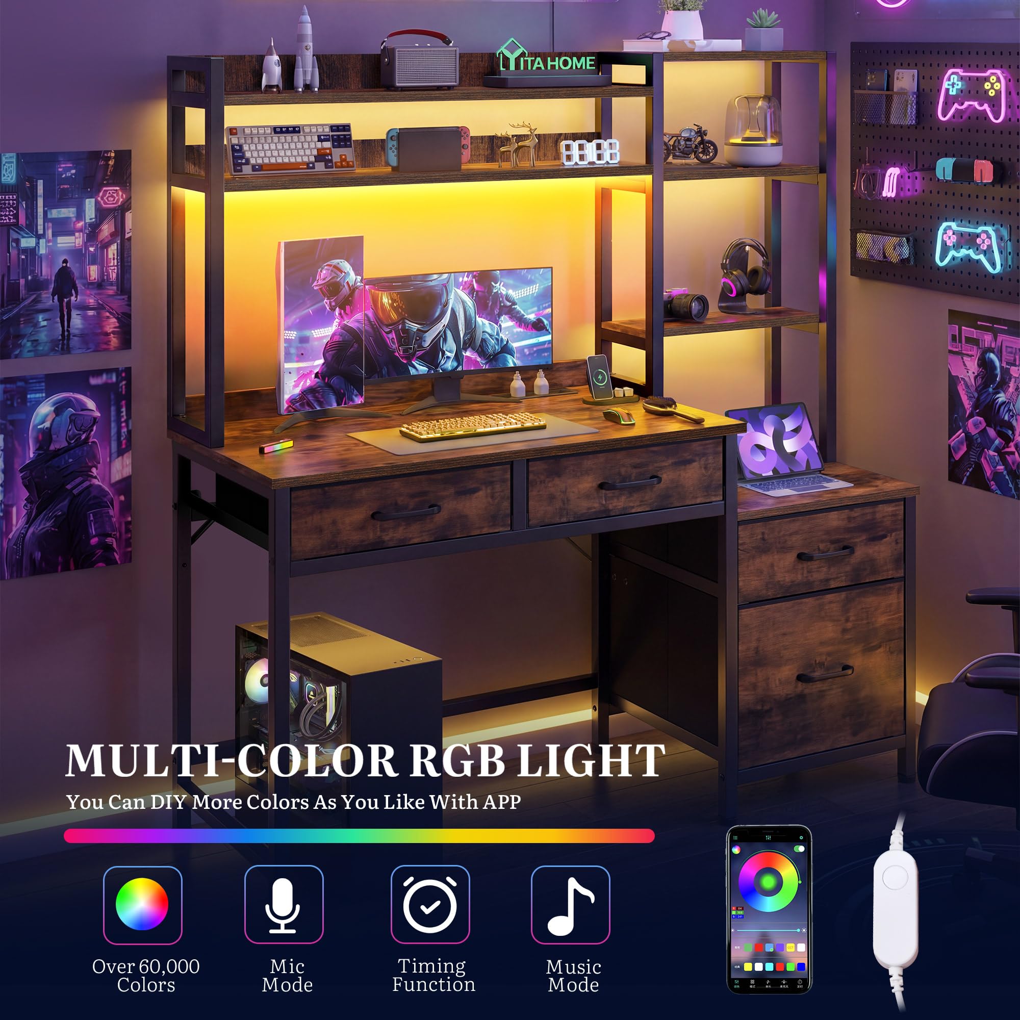 YITAHOME Computer Schreibtisch mit Schubladen, 128 x 50 x 150 cm Computertisch Aufbewahrungen & Regale, Gaming Tisch Arbeitsstationen mit LED Licht & Steckdosen, Home Office Eckschreibtisch, Braun