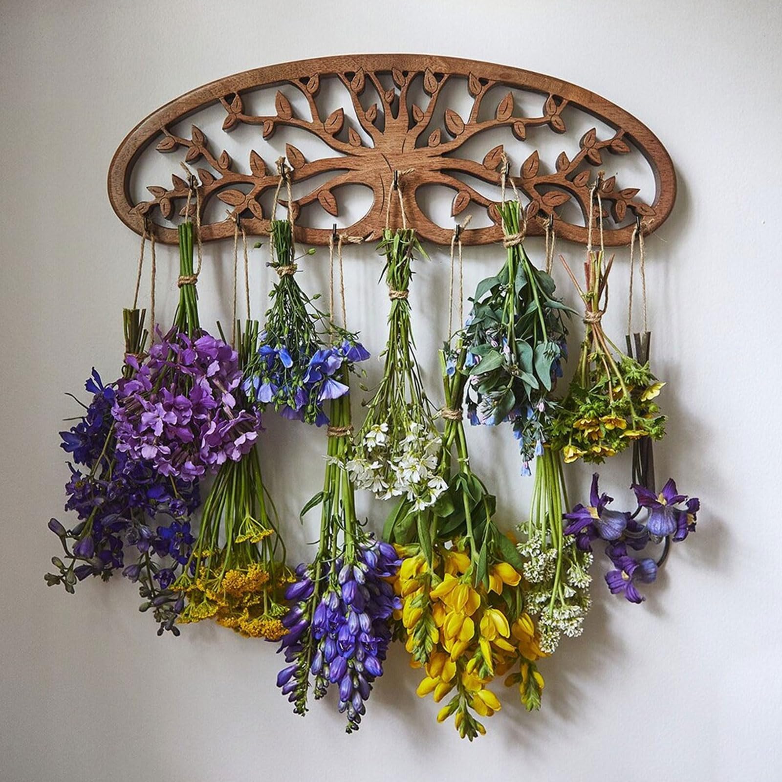 Tnstbiee Rustic Herb Drying Rack Hanging - Artistic Life Tree Design for Kitchen Witches & Gardeners - Holds 11 Bouquets - Saving Space Herb & Flower Dryer - Gift for Crafters - Wall Art Decor