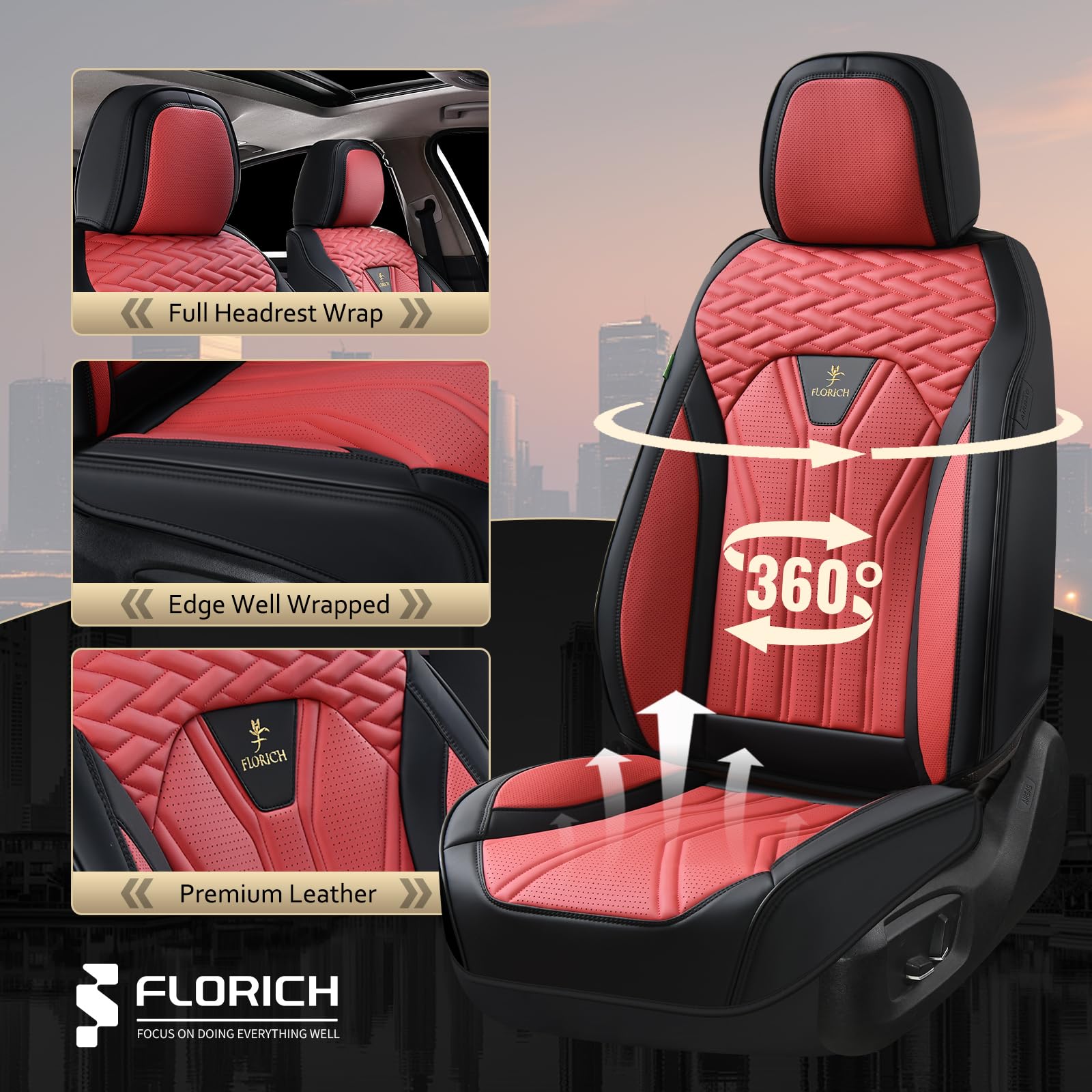 FLORICH Leather Seat Covers, Car Seat Covers Full Set, Car Seat Protectors 5 Seats, Automotive Seat Covers Driver Seat Covers Fit for Most Cars Trucks SUV-Black&Burgundy