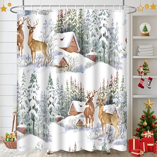 Miniatura 5 de Juego de baño de Navidad con cortina de ducha y alfombras y accesorios, juego de cortinas de ducha de copos de nieve rojos, cortinas de ducha con