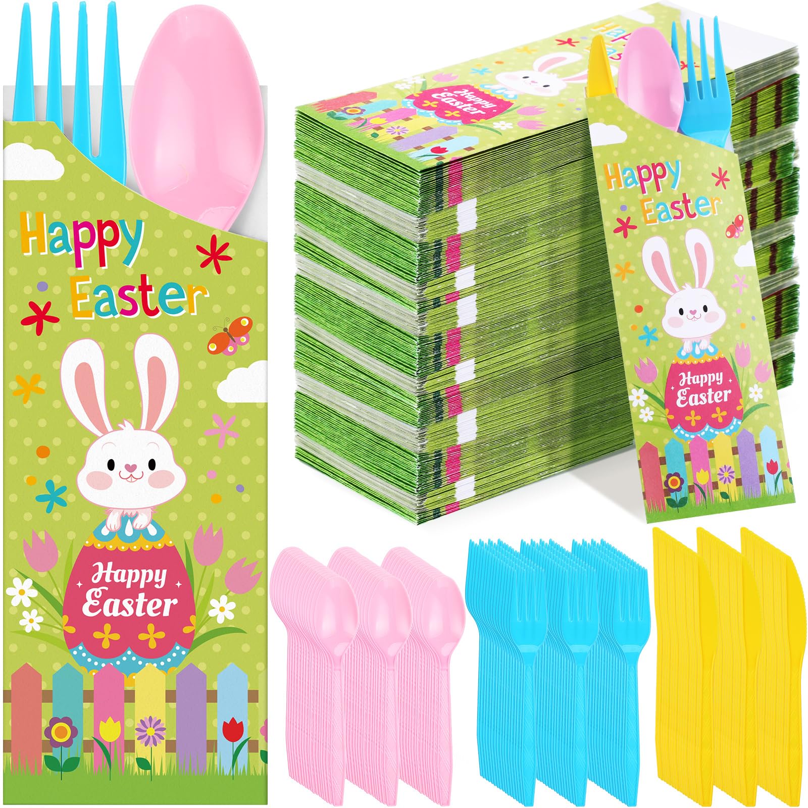 Photo 1 of **MISSING PARTS**
WILLBOND 400 Pcs Easter Plastic Cutlery Set Paper Silverware Bags with Plastic Forks Knives Spoons Disposable Cutlery Utensil Holder for Easter Wedding Party Restaurant Kitchen