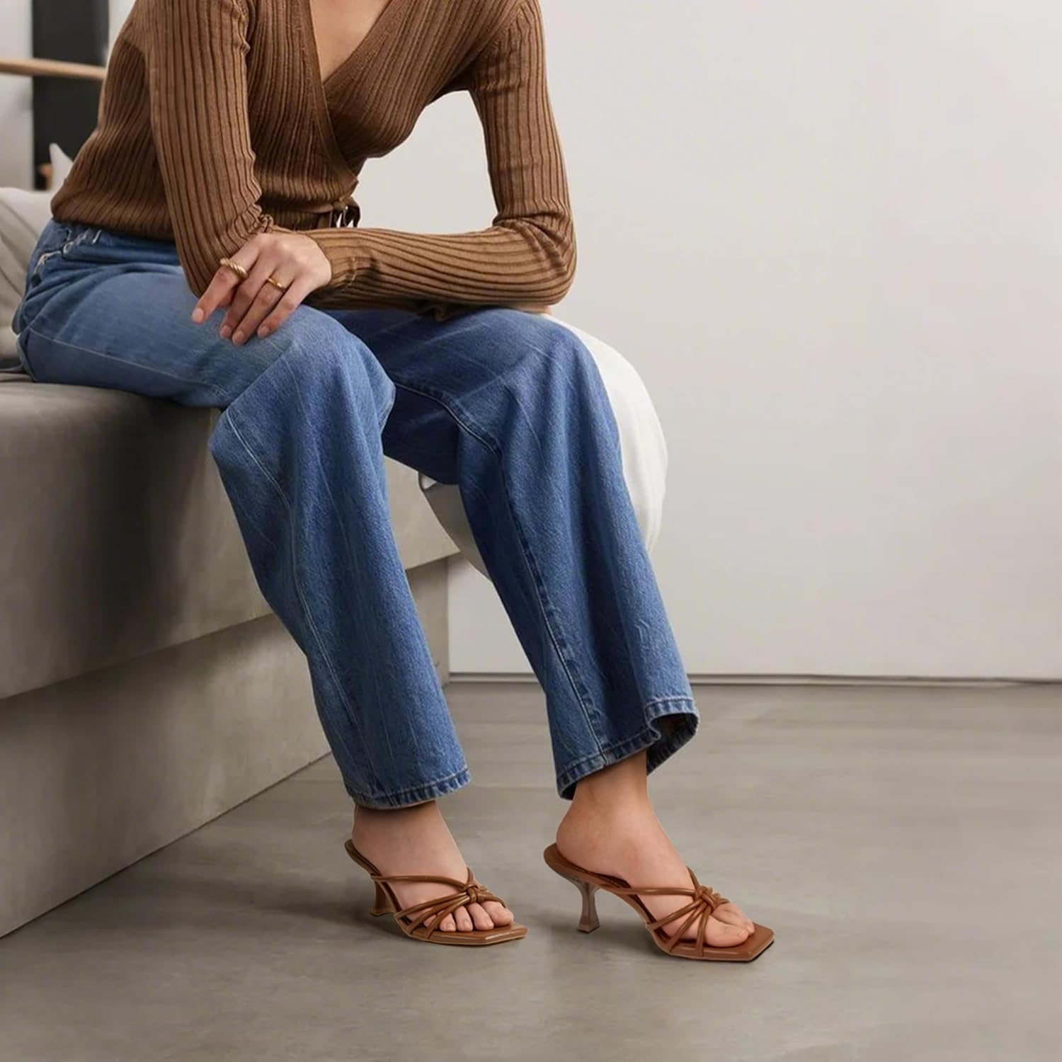 LOOPCHARM Women's Strappy Square Open Toe Kitten Heels Sandals Knotted Design Summer Fashion Slip On Mule Style - Image 2