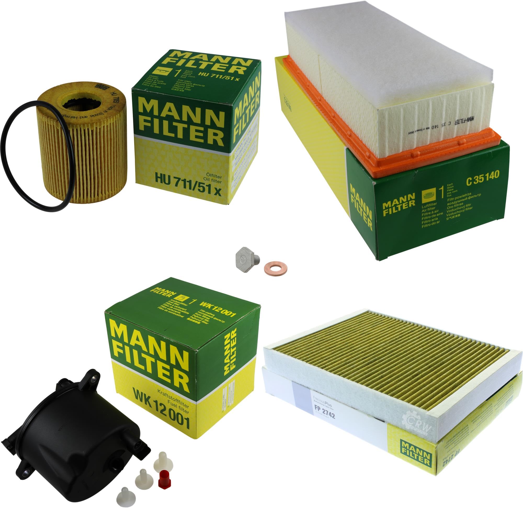 Paquete de inspección Kit de mantenimiento de filtros con filtro de aceite HU 711/51 x, filtro de aire C 35 140, filtro de combustible WK 12 001, filtro de habitáculo FP 2742, tornillo de
