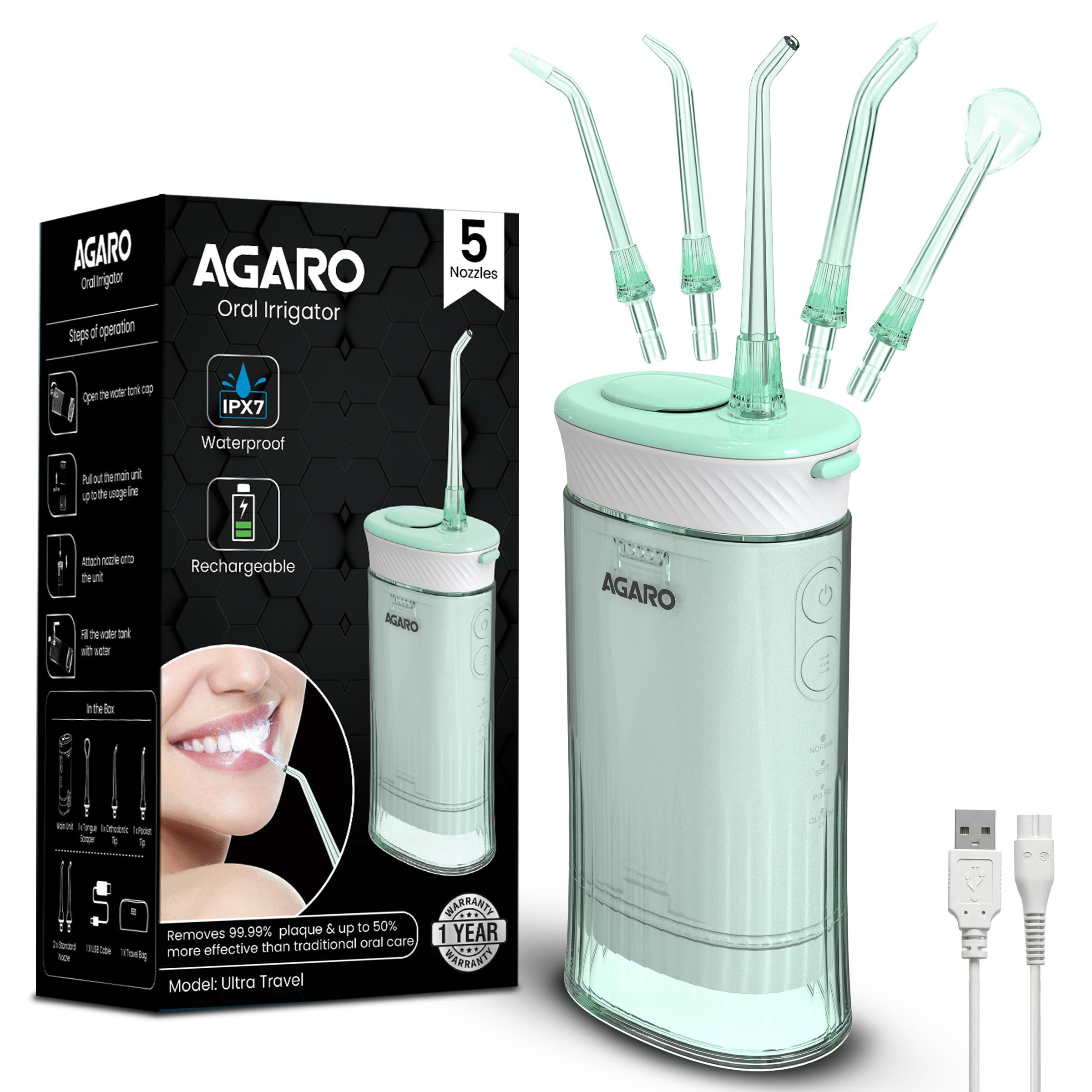 Ultra Travel Dental Flosser for teeth,Portable,Cordless,Rechargeable,4 Cleaning Modes, IPX7 Waterproof,180ml Water tank,Flossing at Home & Travel, Oral Flosser,Oral Irrigator, Sea Green