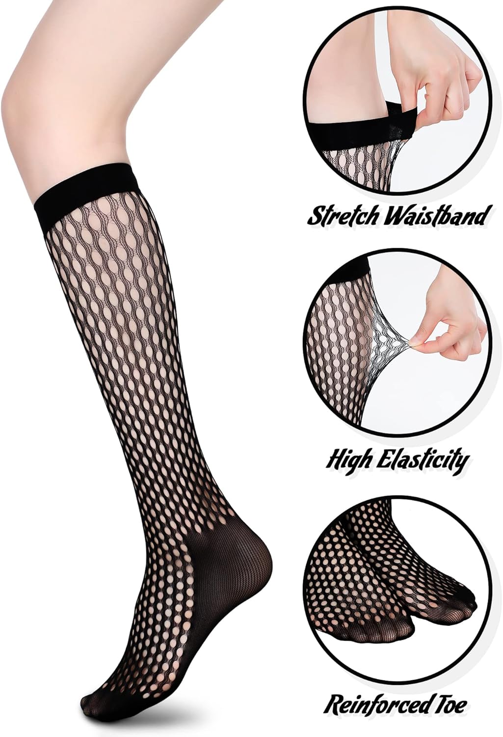 Geyoga 4 Pairs Women's Fishnet Knee High Stockings Lace Hollow out Women's Calf Socks Ankle Sheer Socks - Image 6