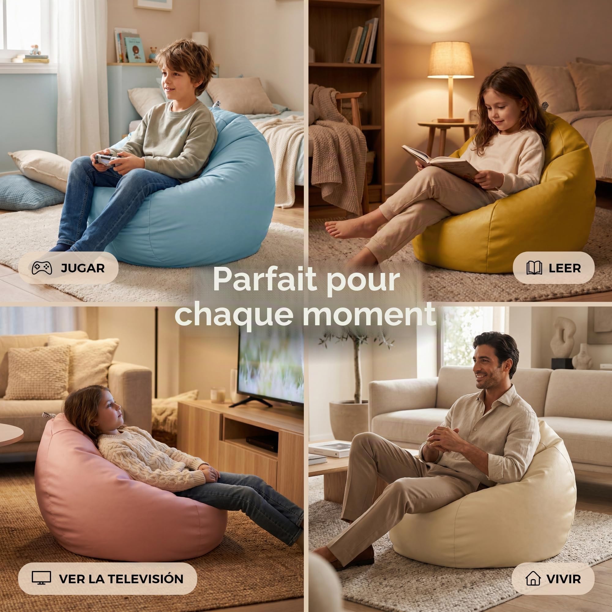 Happers Pouf Enfant Simili Cuir Intérieur Rose