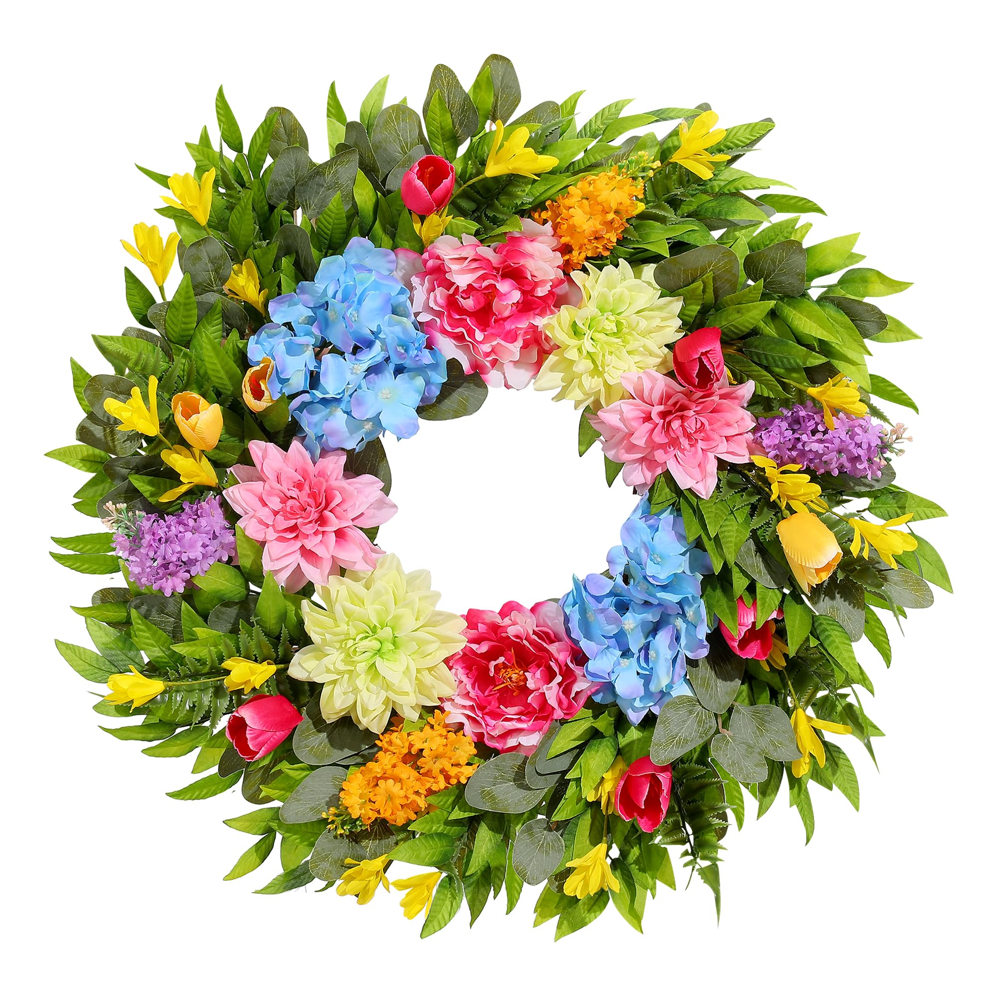 Photo 1 of 18 Inch Spring Wreaths for Front Door with Dahlias, Hydrangeas, Peonies, Eucalyptus - Artificial Spring Summer Front Door Wreath for Farmhouse, Porch, Window, Wedding, Indoor Outdoor Home Decor