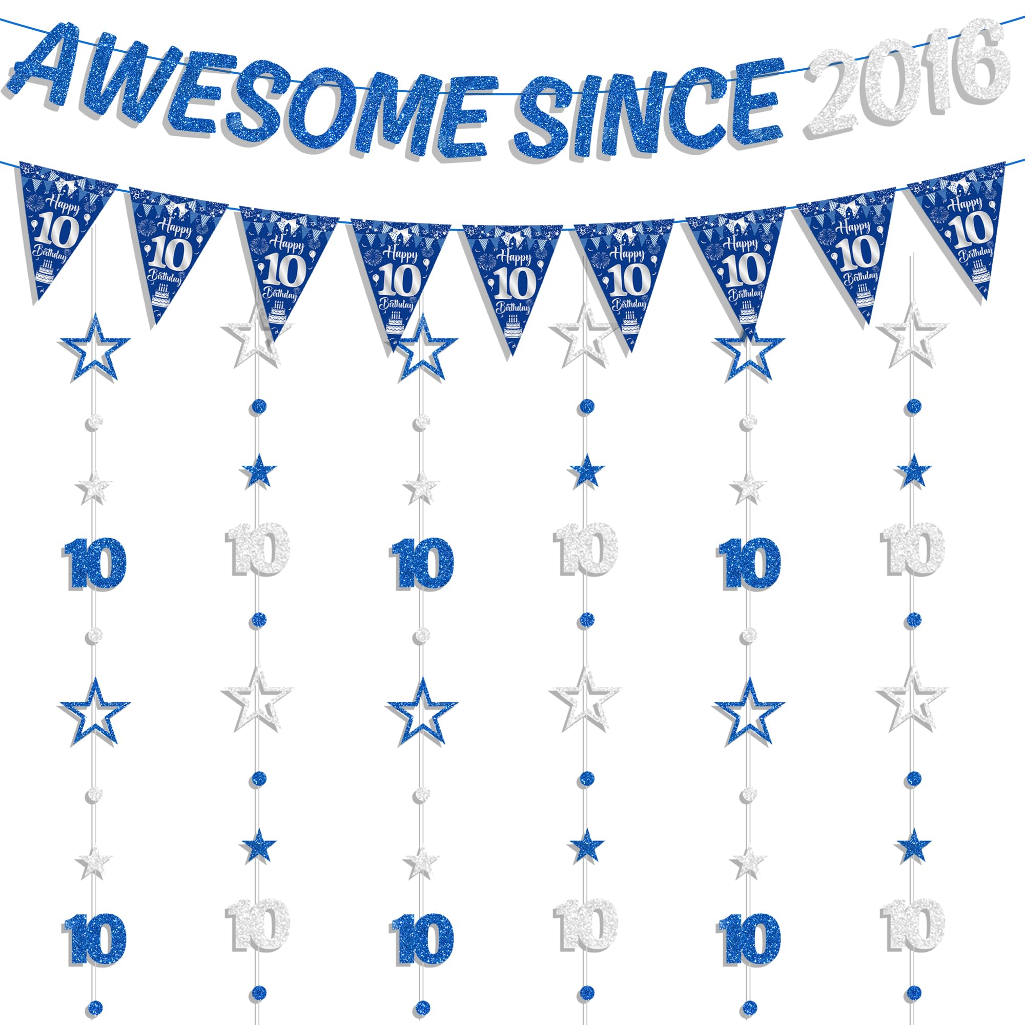 10th Birthday Decorations Banner Boy - 8 Pcs Blue Silver Awsome Since 2016 Banners Triangle Flags Number 10 Circle Dot Twinkle Star Garland for Double Digits Boys Year Old Party Supplies Decor