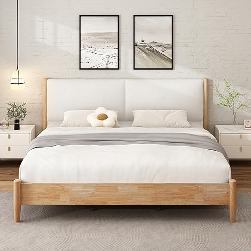 Christopher Knight Home Raven Modern California King Size Bed Frame with Upholstered Headboard, Natural Wood California King Size Platform Bed Frame, No Box Spring Needed, Easy Assembly, White+Natural