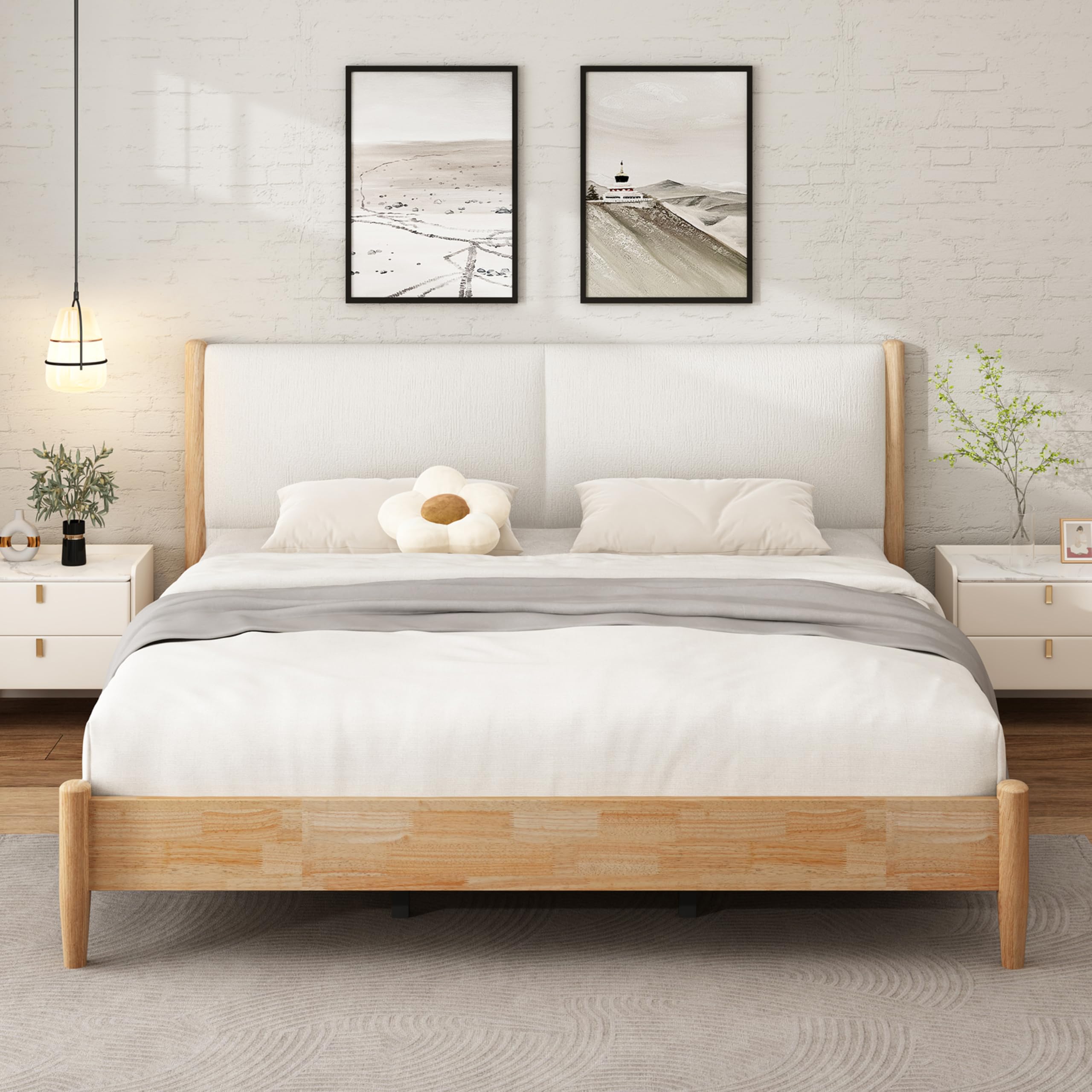 Christopher Knight Home Raven Modern King Size Bed Frame with Upholstered Headboard, Natural Wood King Size Platform Bed Frame and Headboard, No Box
