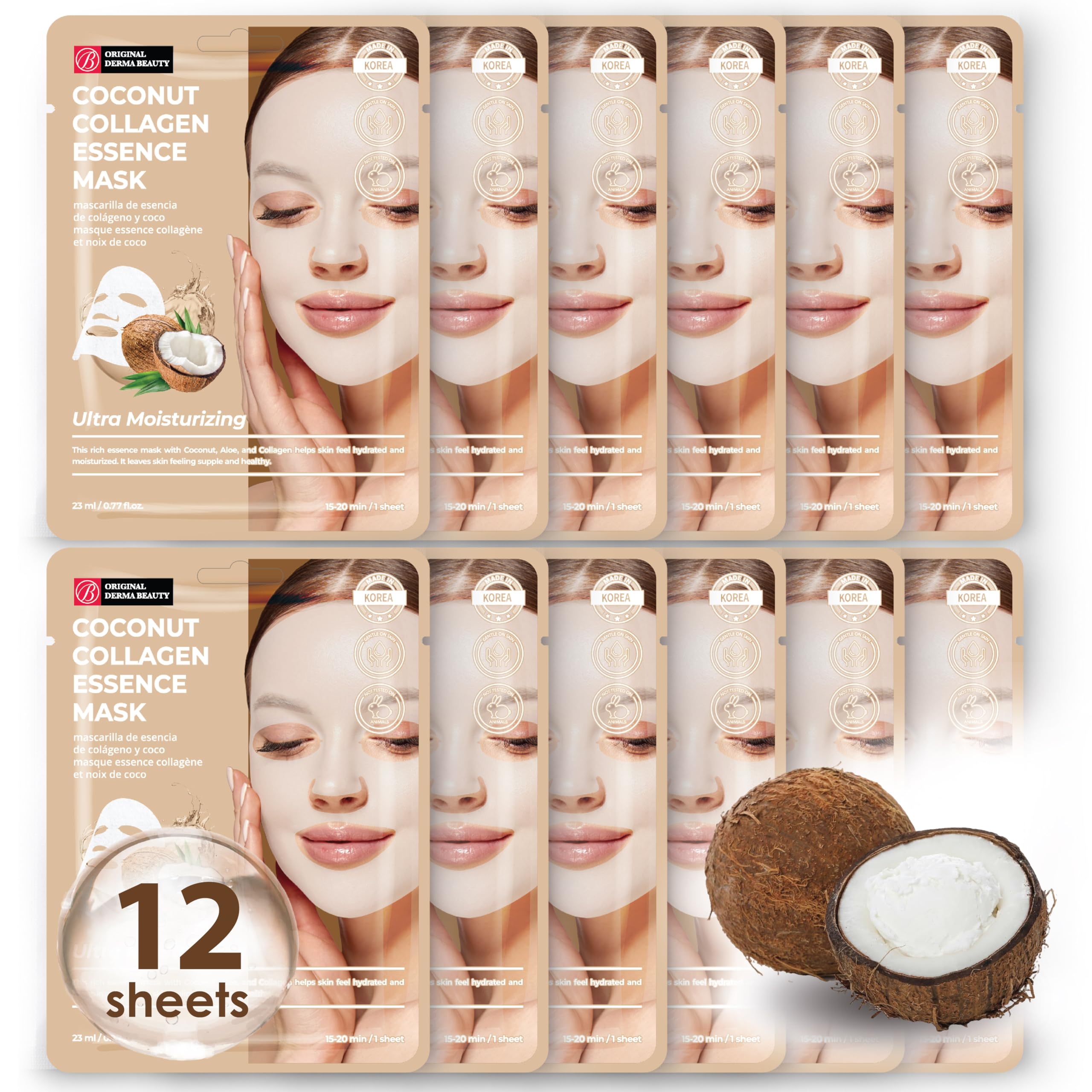 Innerest Original Derma Beauty Collagen Face Masks Skincare - 12 PK Ultra Moisturizing Coconut Face Mask Skin Care Sheet Masks Set for Beauty &