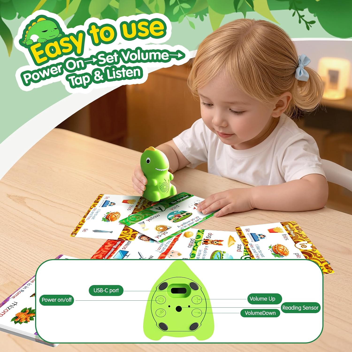 Phonics Dinosaur Talking Flash Cards Set | Learn to Read | Smart Dino Reader, 72 Cards, 592 Words, 148 Sentences, 90 Stickers | Early Reading & Vocabulary Toy for Kids Ages 3-6 (Hophopfun)