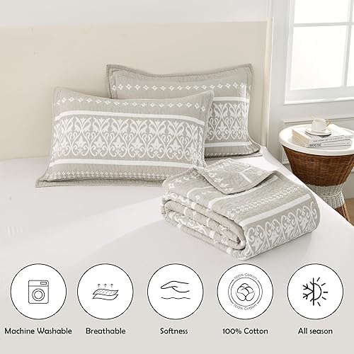 Miniatura 4 de Juego de edredón de tamaño Queen, 100% algodón, bohemio, acolchado, bohemio, tamaño Queen, color beige, blanco, a rayas, reversible, ligero, para