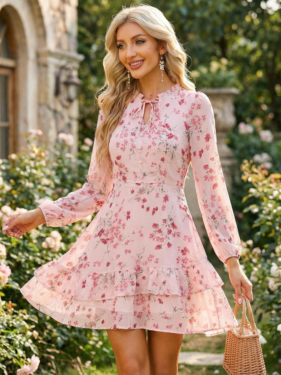 Allegra K Women's Spring Dresses 2026 Tie V Neck Semi Sheer Long Sleeve Layered Tiered Chiffon Mini Floral Dress