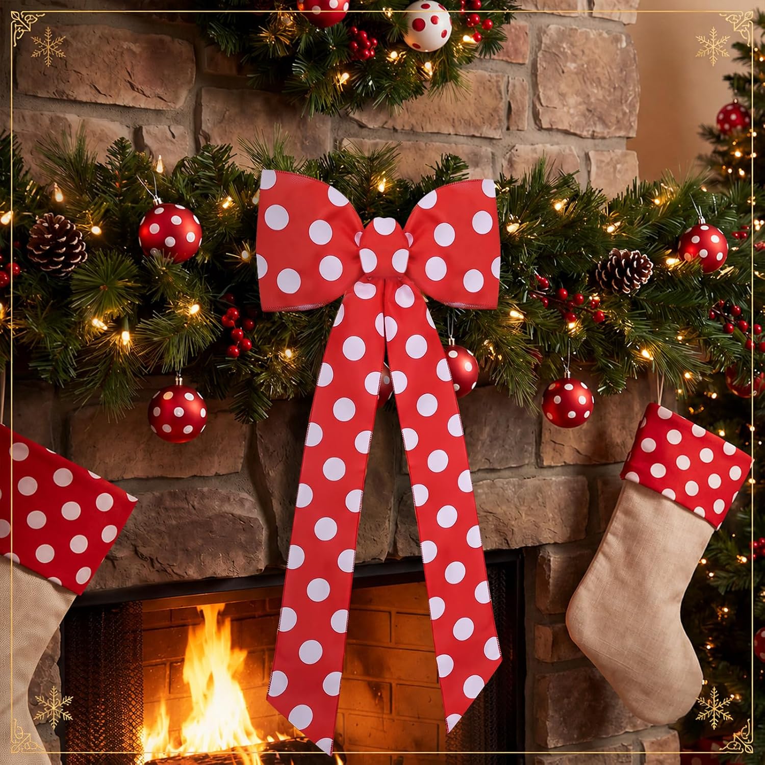 Janinka 15.8x47in Giant Bow Christmas Tree Topper, Red White Polka Dot Bows image 4