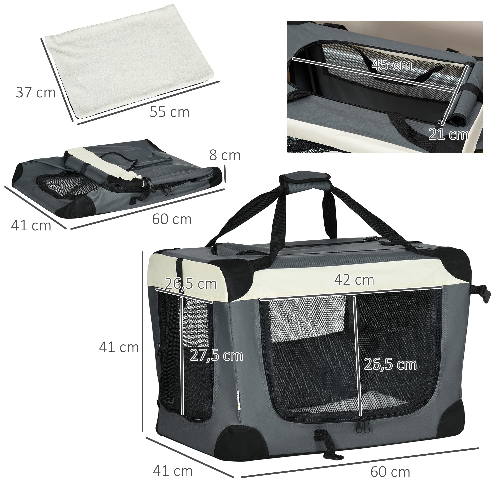 PawHut Transportín para Perros Plegable 60x41x41 cm Transportín para Mascotas con Ventanas Cojín Suave y 2 Correas del Hombro Bolsa de Transporte para Mini Perros Gatos Gris