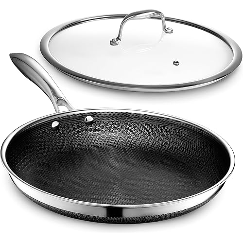 HexClad Hybrid Nonstick 12-Inch Frying Pan with Tempered Glass Lid, Stay-Cool Handle, Dishwasher-Friendly, Oven-Safe Up to 900°F, Induction Ready, Compatible with All Cooktops