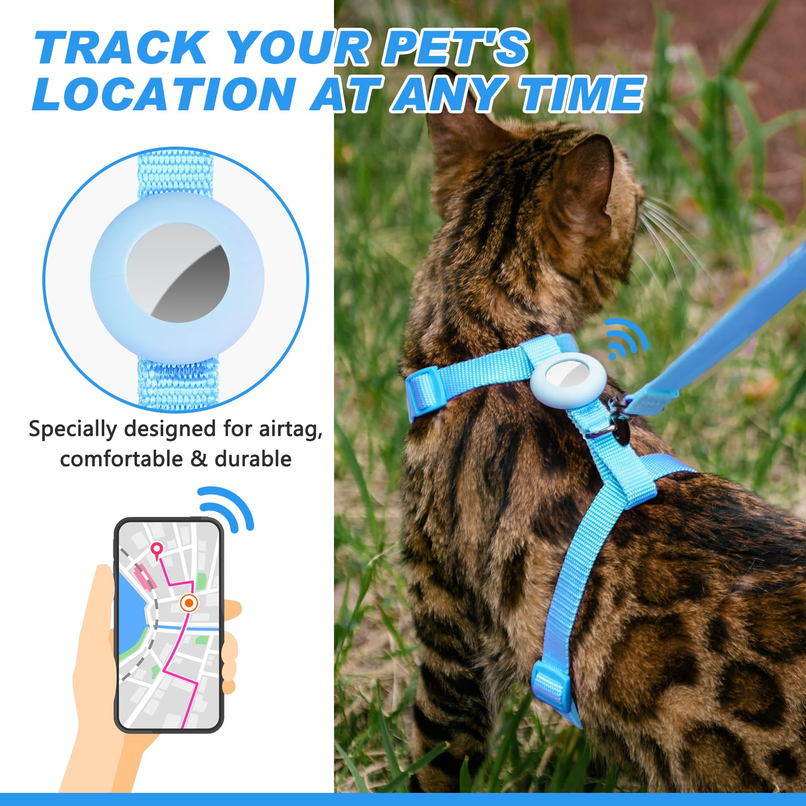 Set di imbracatura e guinzaglio per gatti a prova di fuga per passeggiate, guinzaglio regolabile per gattini con supporto per Airtag per gatti piccoli e grandi, imbracatura da viaggio