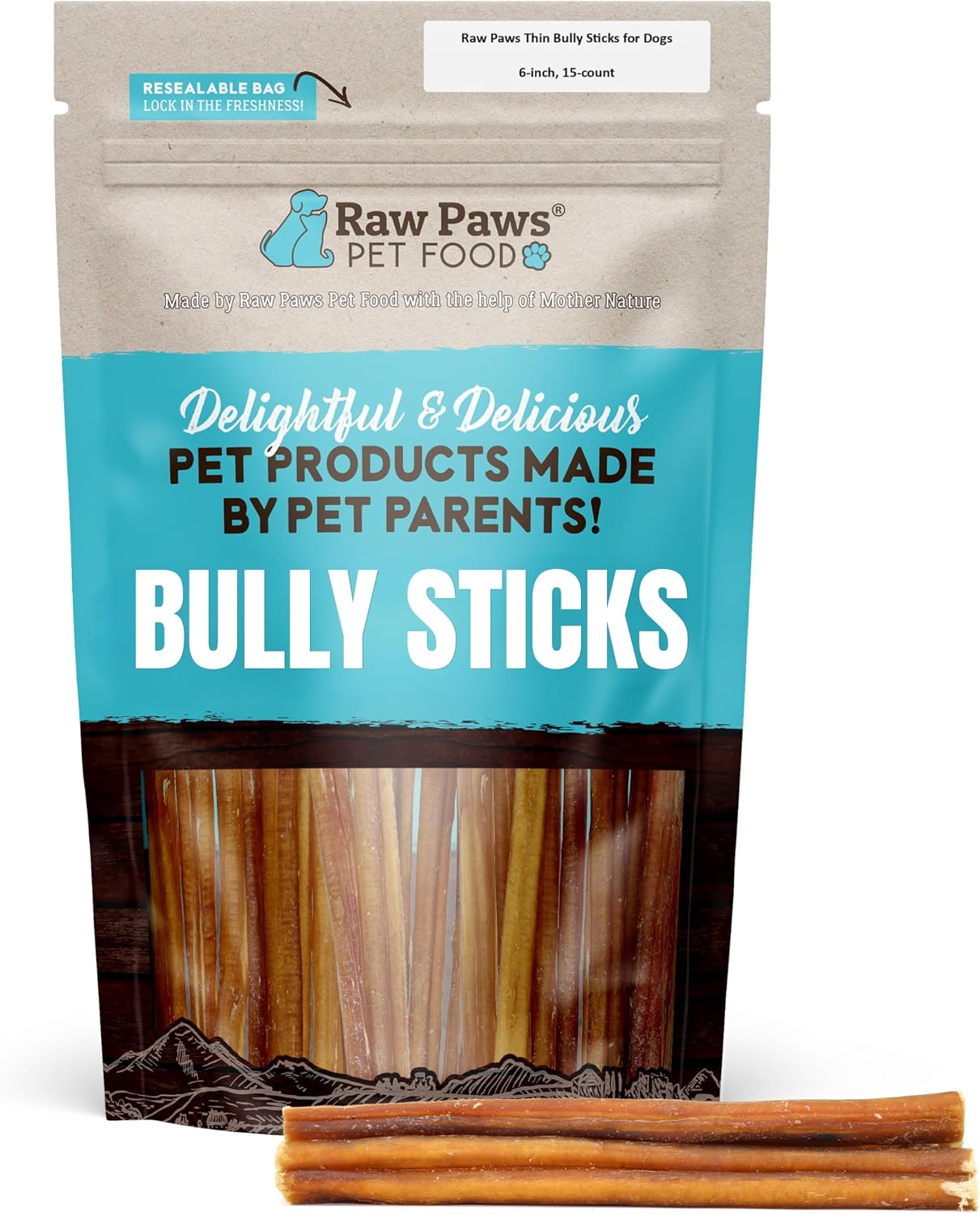 Raw Paws Thin Bully Sticks for Small Dogs, 6-Inch (15-Count) - Low Odor Bully Chews for Puppies - Free-Range Pizzle Sticks for Dogs - Single Ingredient Dog Chews - Rawhide Alternative - Long Lasting